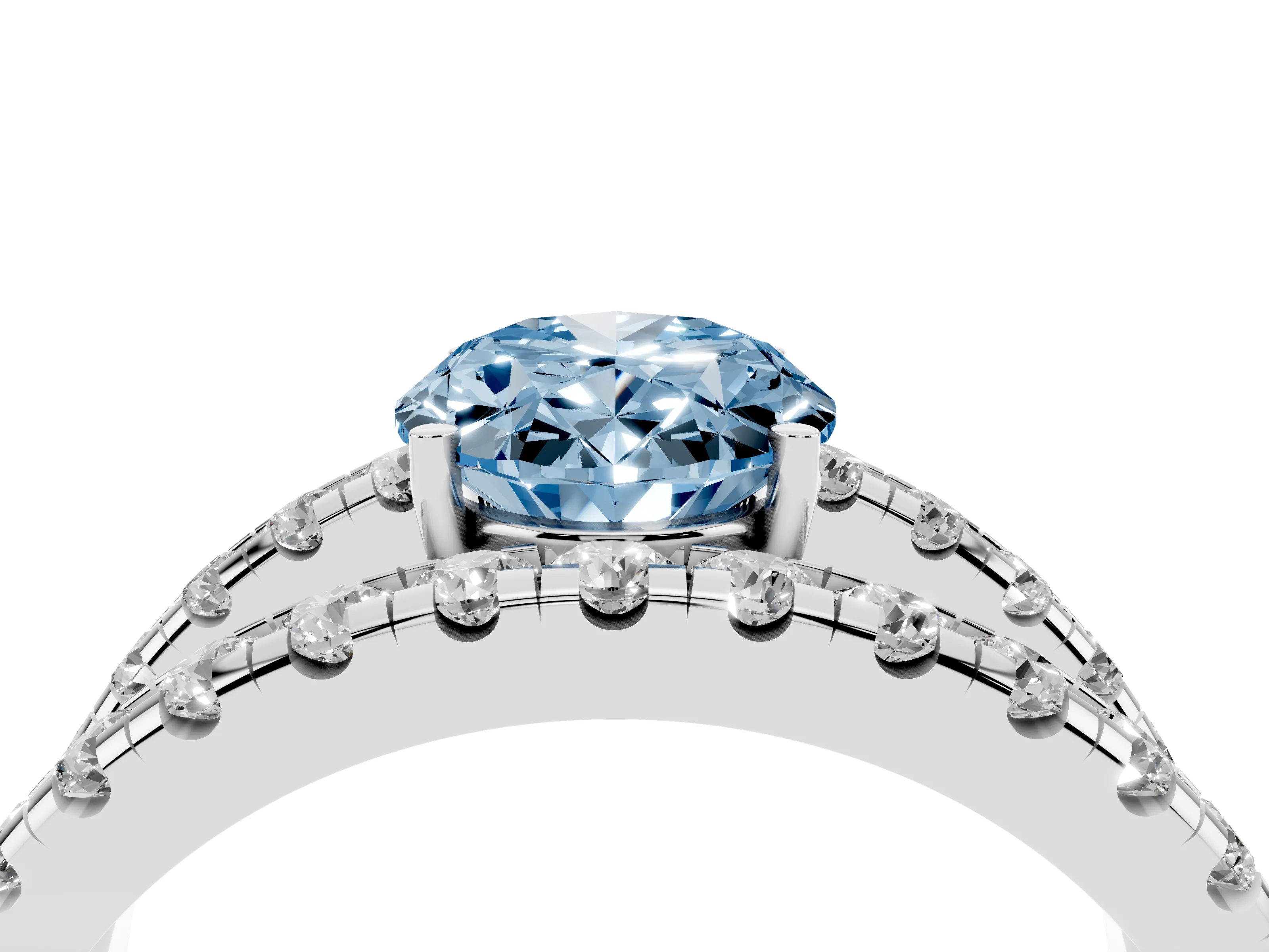 Fancy Blue Oval Cut Diamond Split Shank Pavé Solitaire Ring Set in Silver with Open Shank Design