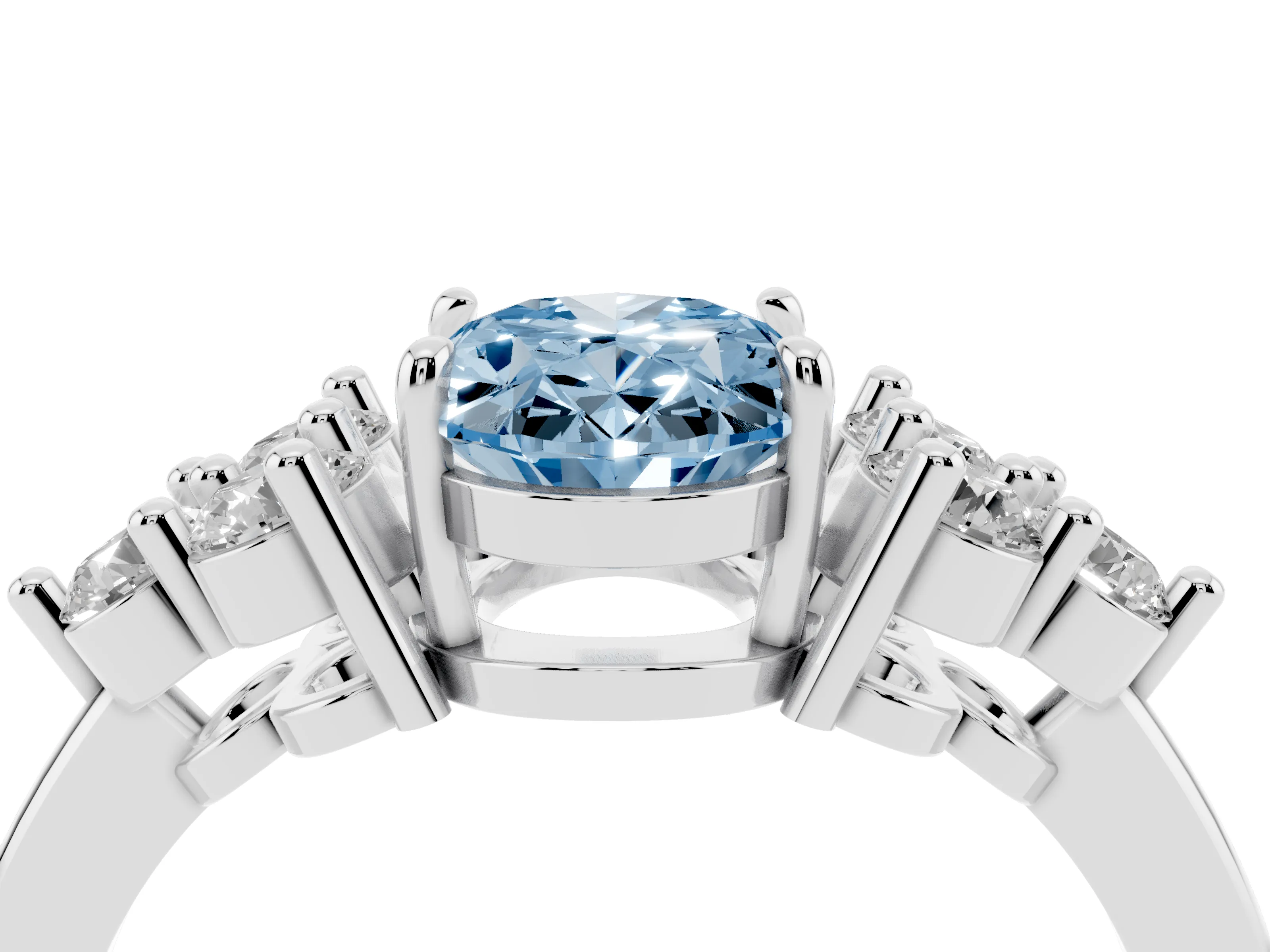 Fancy Blue Oval Cut Diamond Solitaire Ring Set in Platinum with Cluster Accents on Each Side