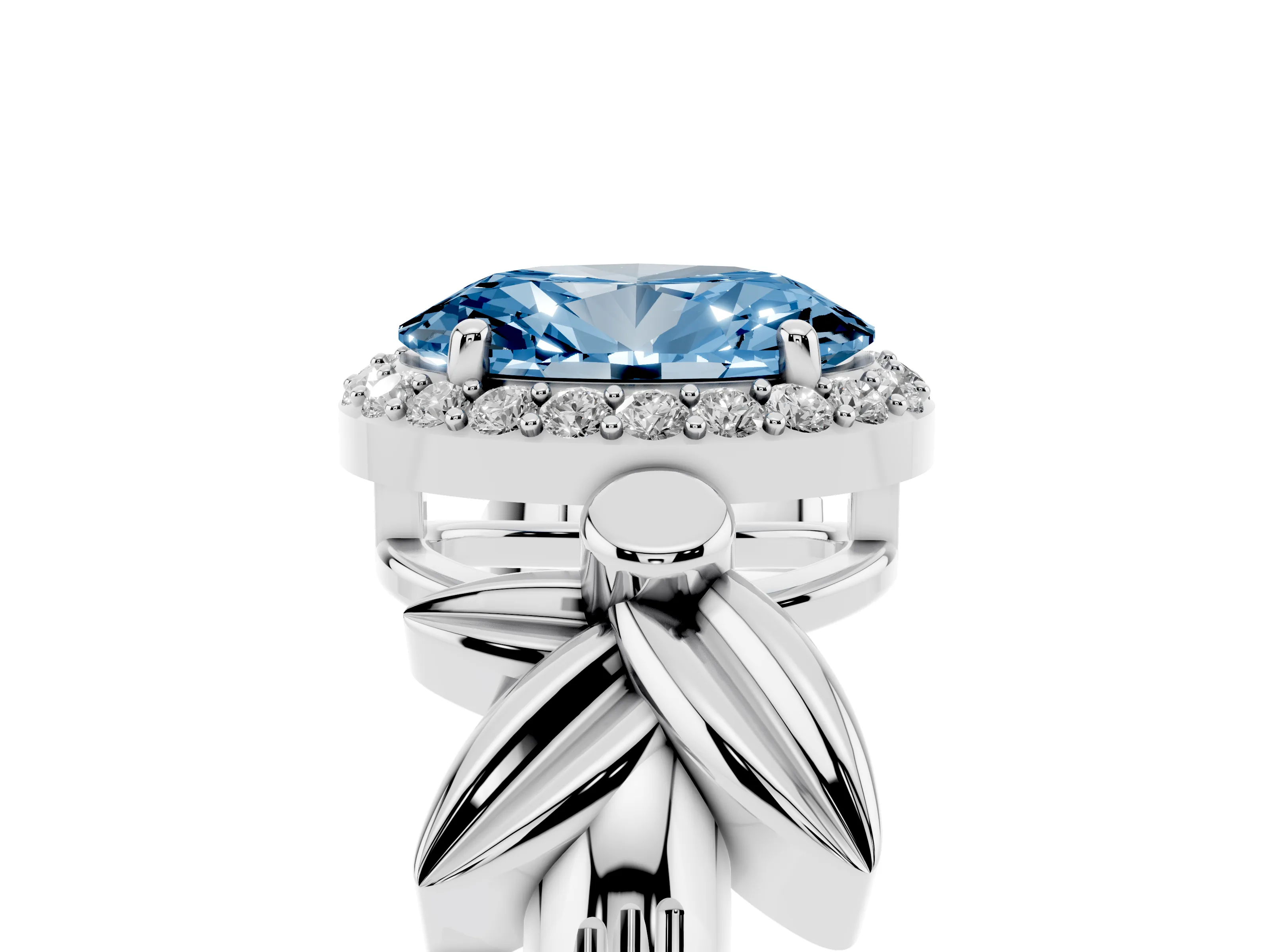 Fancy Blue Oval Cut Diamond Halo Floral Band Ring Set in Platinum with Prong Setting