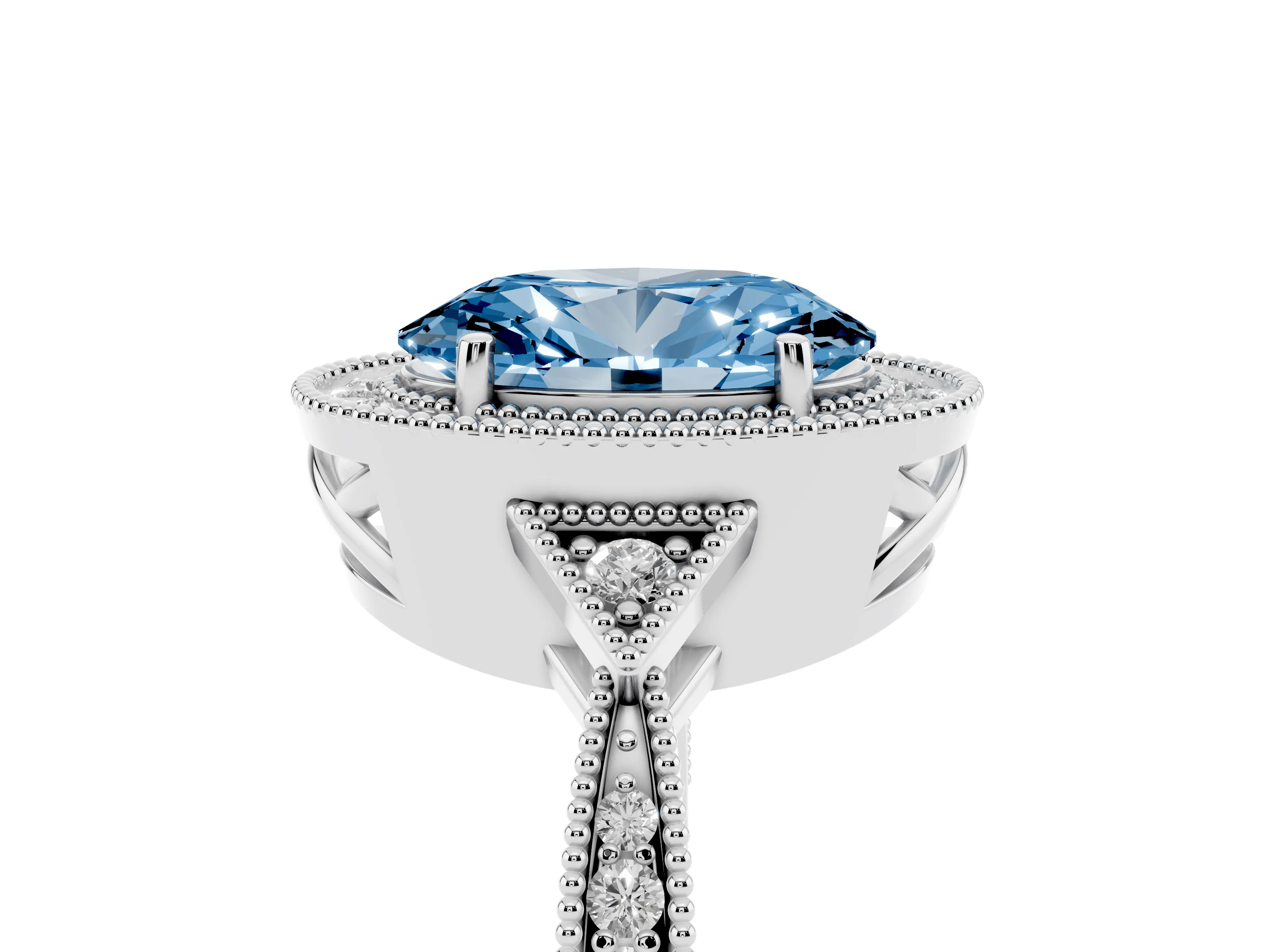 Fancy Blue Oval Cut Diamond Halo Engagement Ring Set in White gold with Milgrain Pavé Band