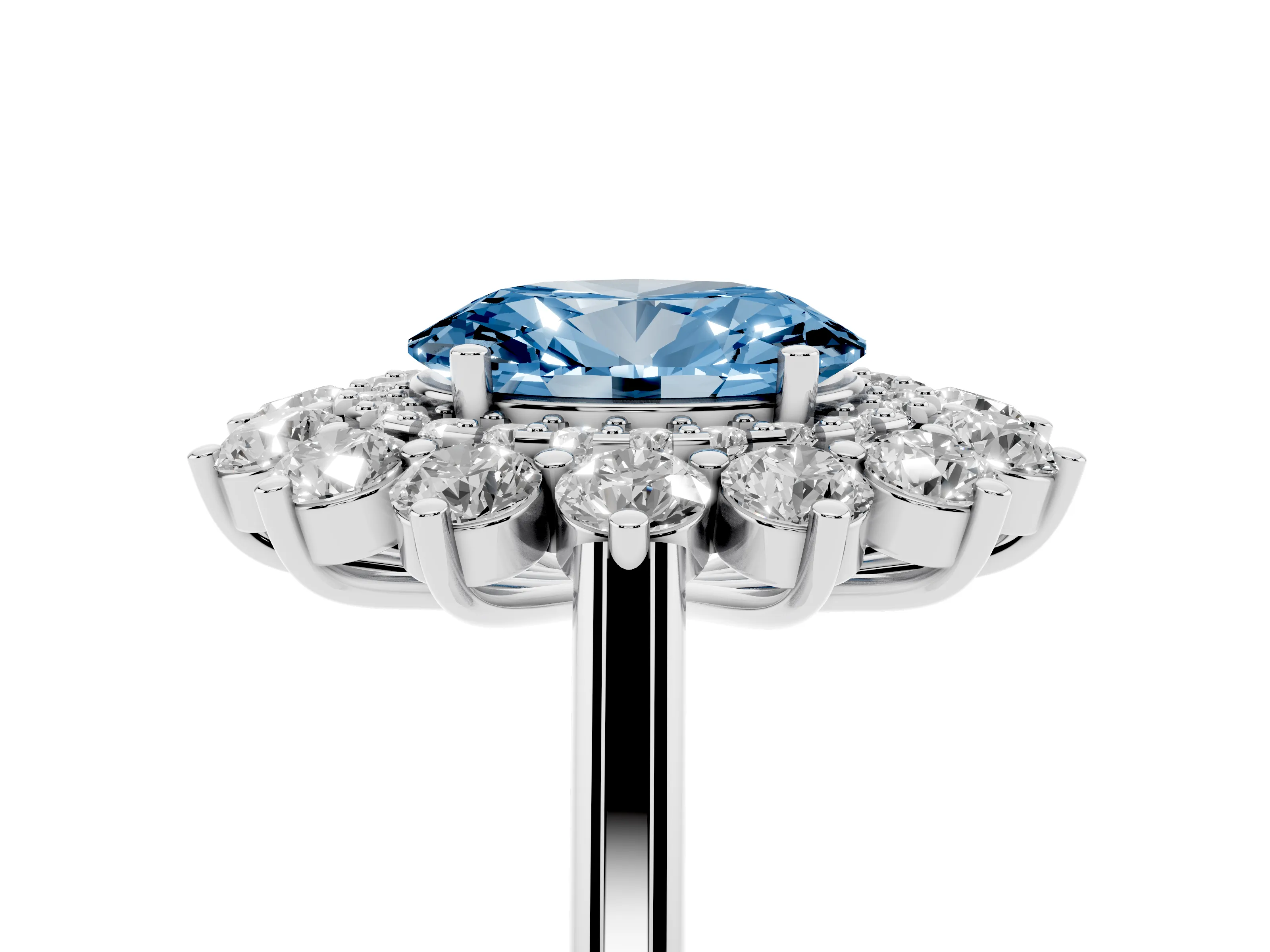Fancy Blue Oval Cut Diamond Floral Double Halo Ring Set in Platinum with Round Petals