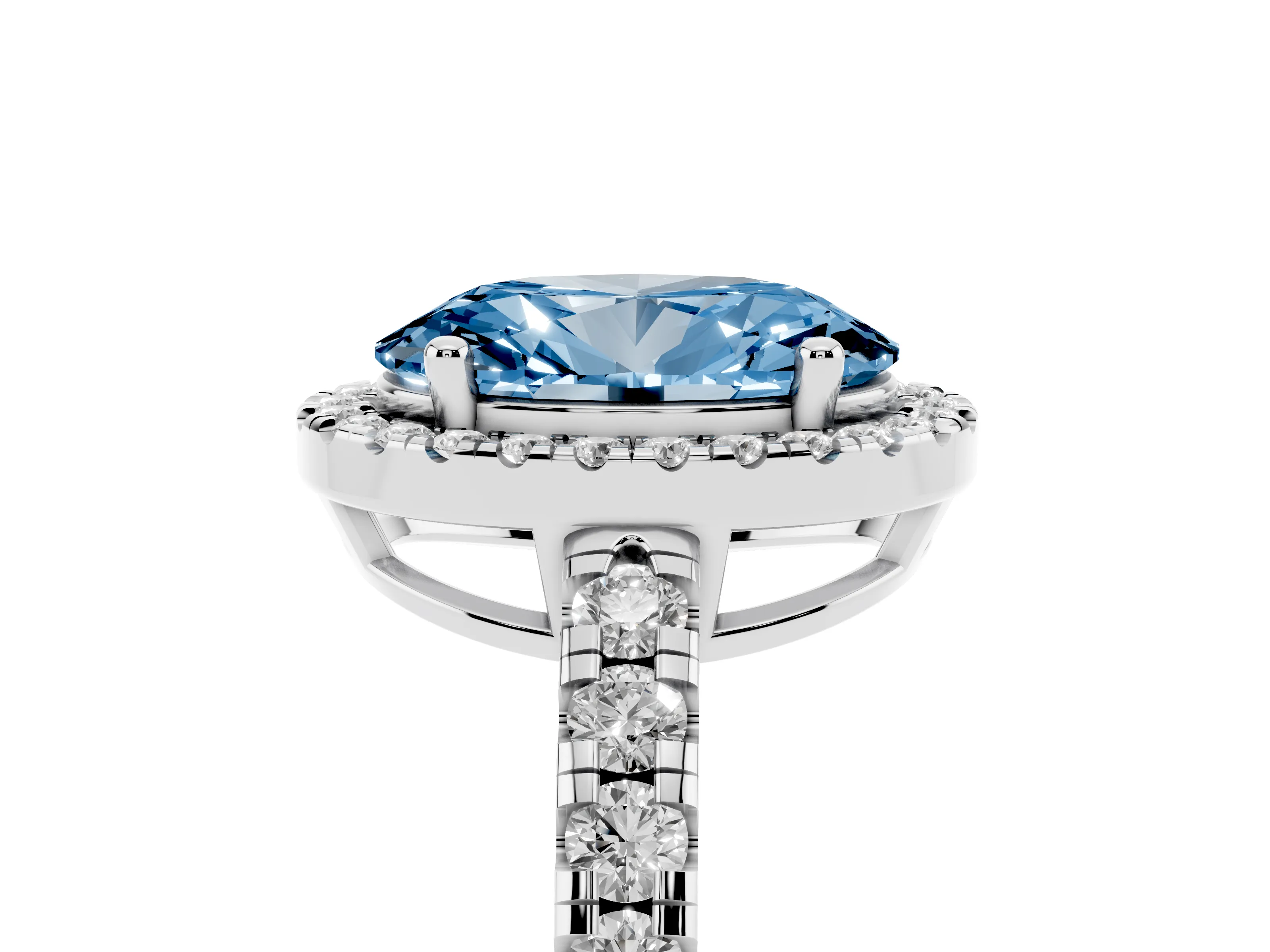 Fancy Blue Oval Cut Diamond Halo Ring Set in Silver with Delicate Pavé Band and Prong Setting