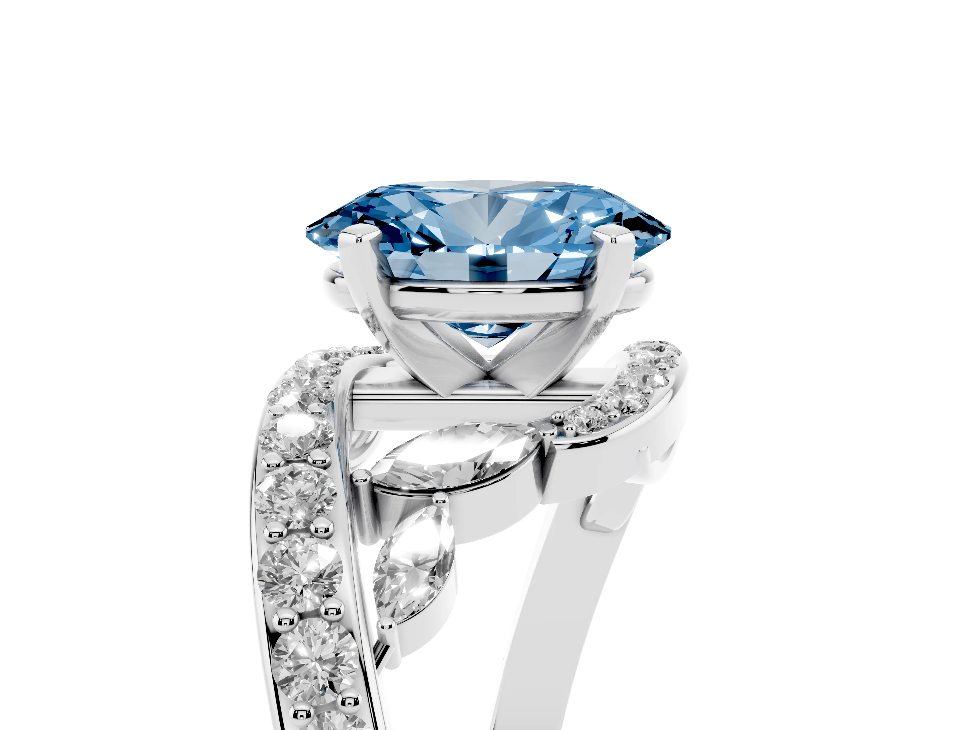 Fancy Blue Oval Cut Diamond Solitaire Ring Set in Silver with Pavé Twist Band and Secure Prong Setting
