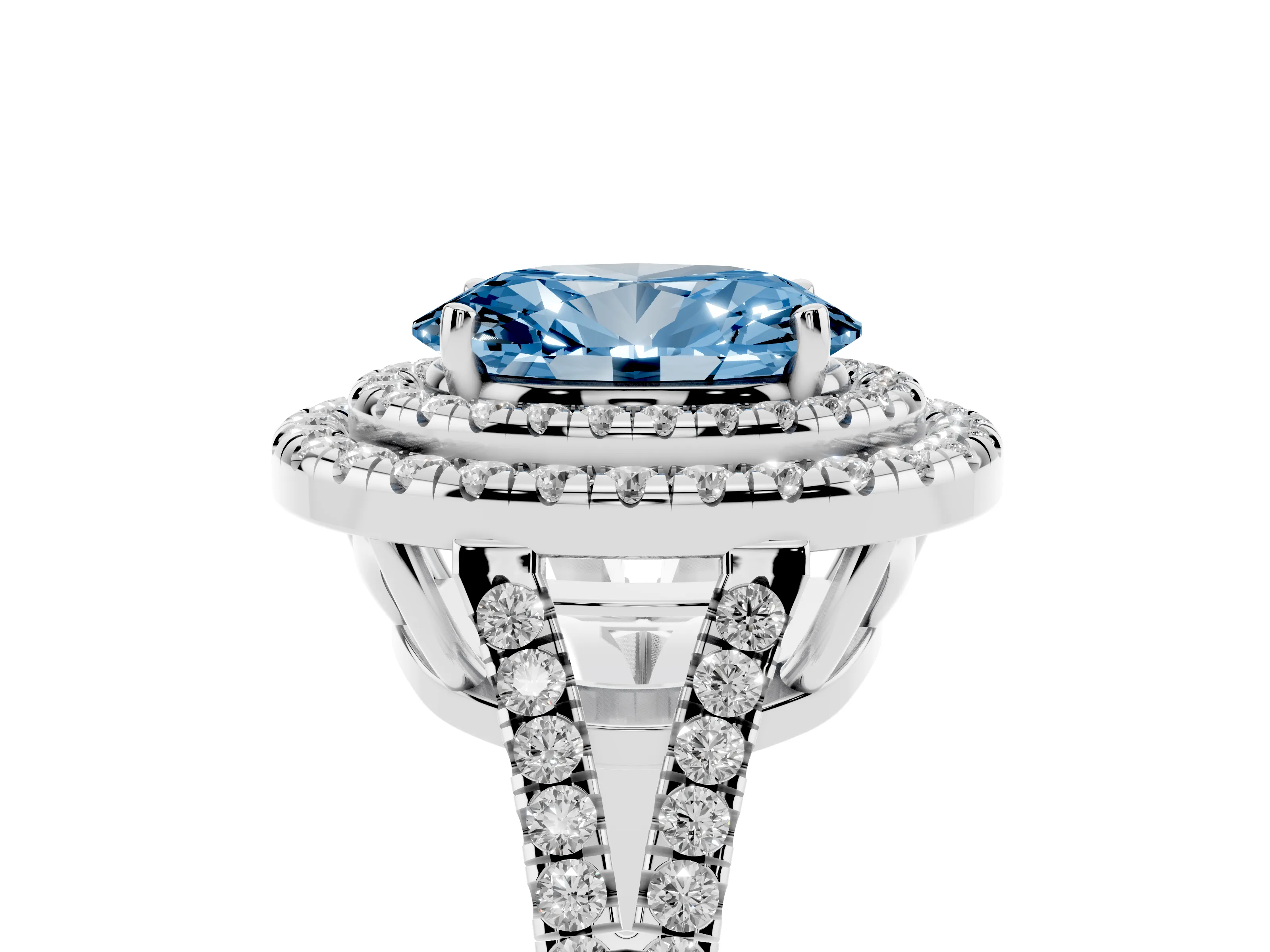 Fancy Blue Oval Cut Diamond Double Halo Ring Set in Platinum with Pavé Band