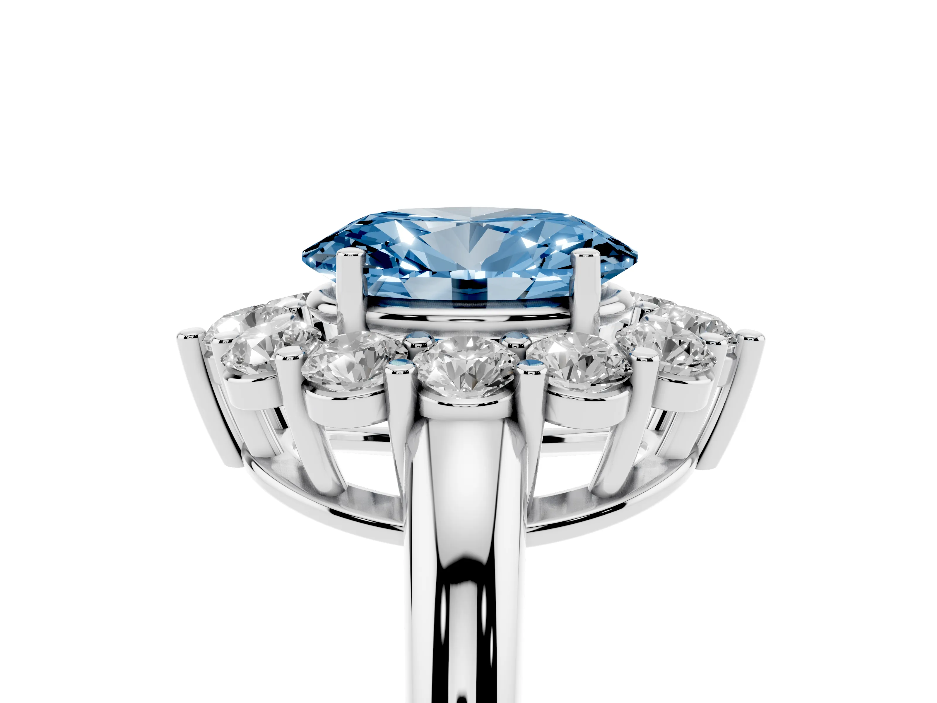 Fancy Blue Oval Cut Diamond Halo Cluster Engagement Ring Set in Platinum with Polished Band and Prong Setting