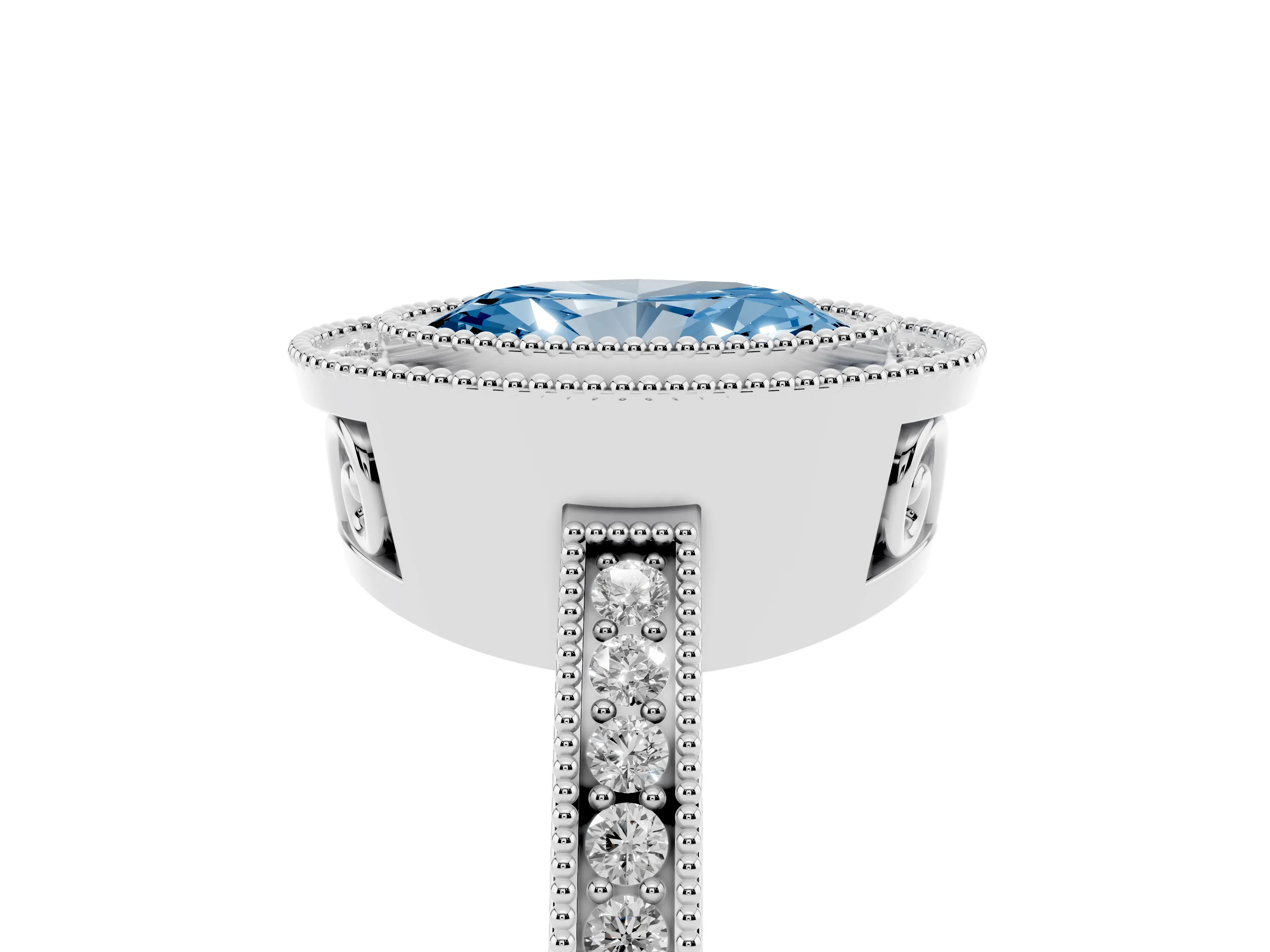 Fancy Blue Oval Cut Diamond Halo Ring Set in Platinum with Pavé Band and Milgrain-Edged Prongs