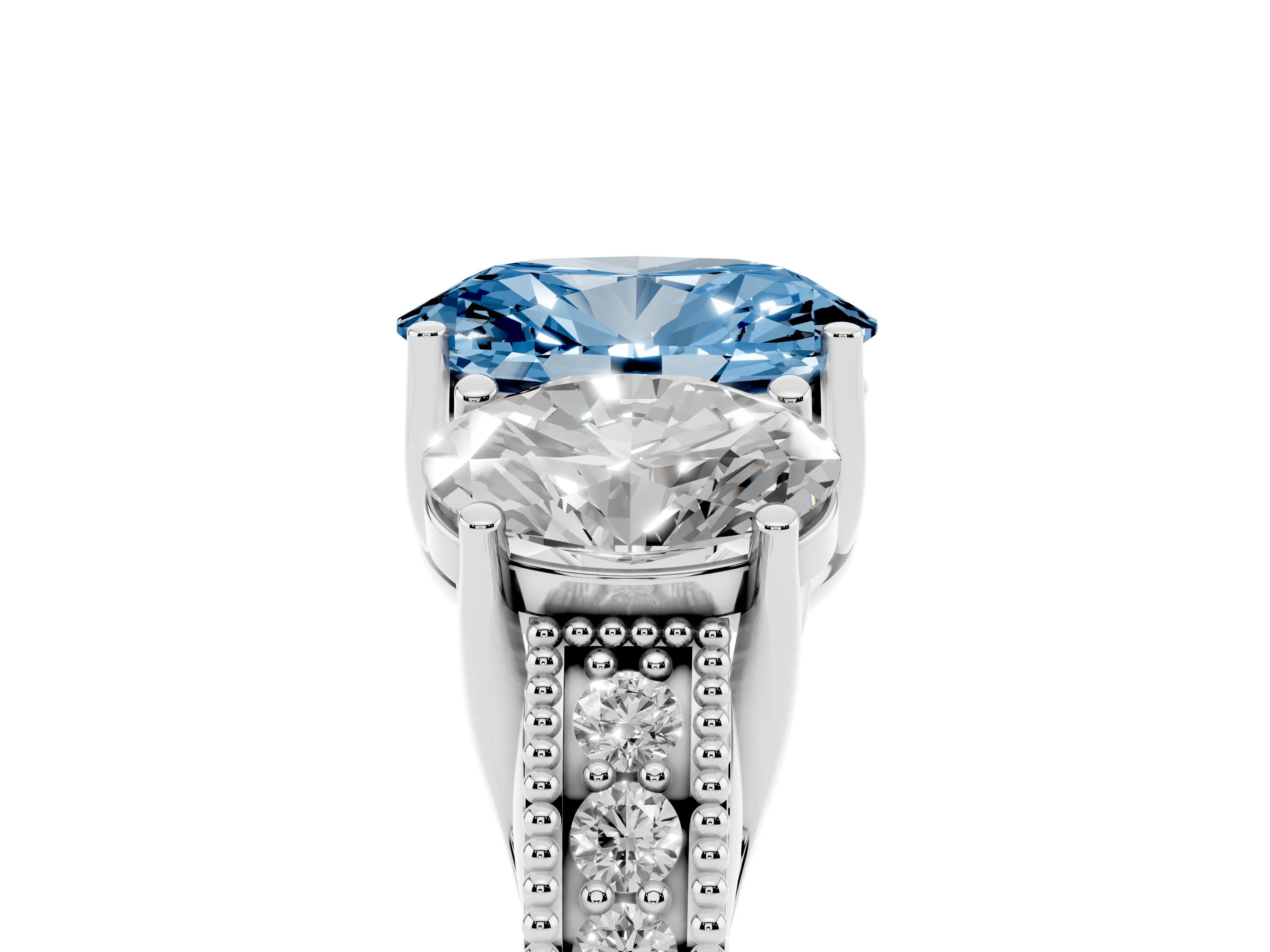 Fancy Blue Oval Cut Diamond Three-Stone Engagement Ring Set in White gold with Milgrain Pavé Band