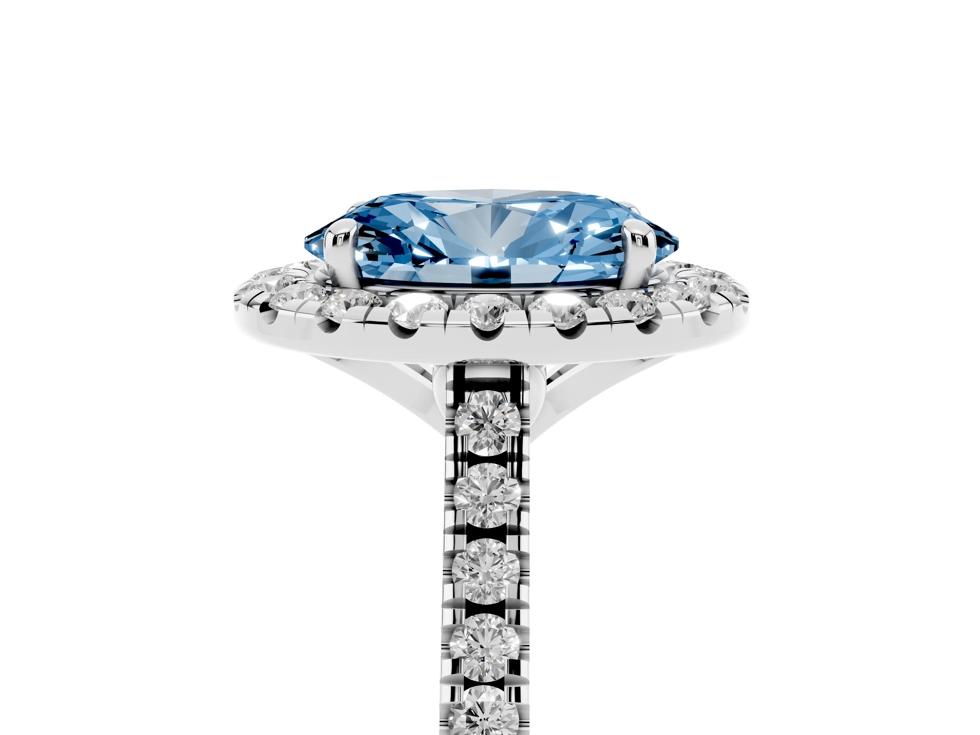 Fancy Blue Oval Cut Diamond Cushion Halo Ring Set in Silver with Pavé Band