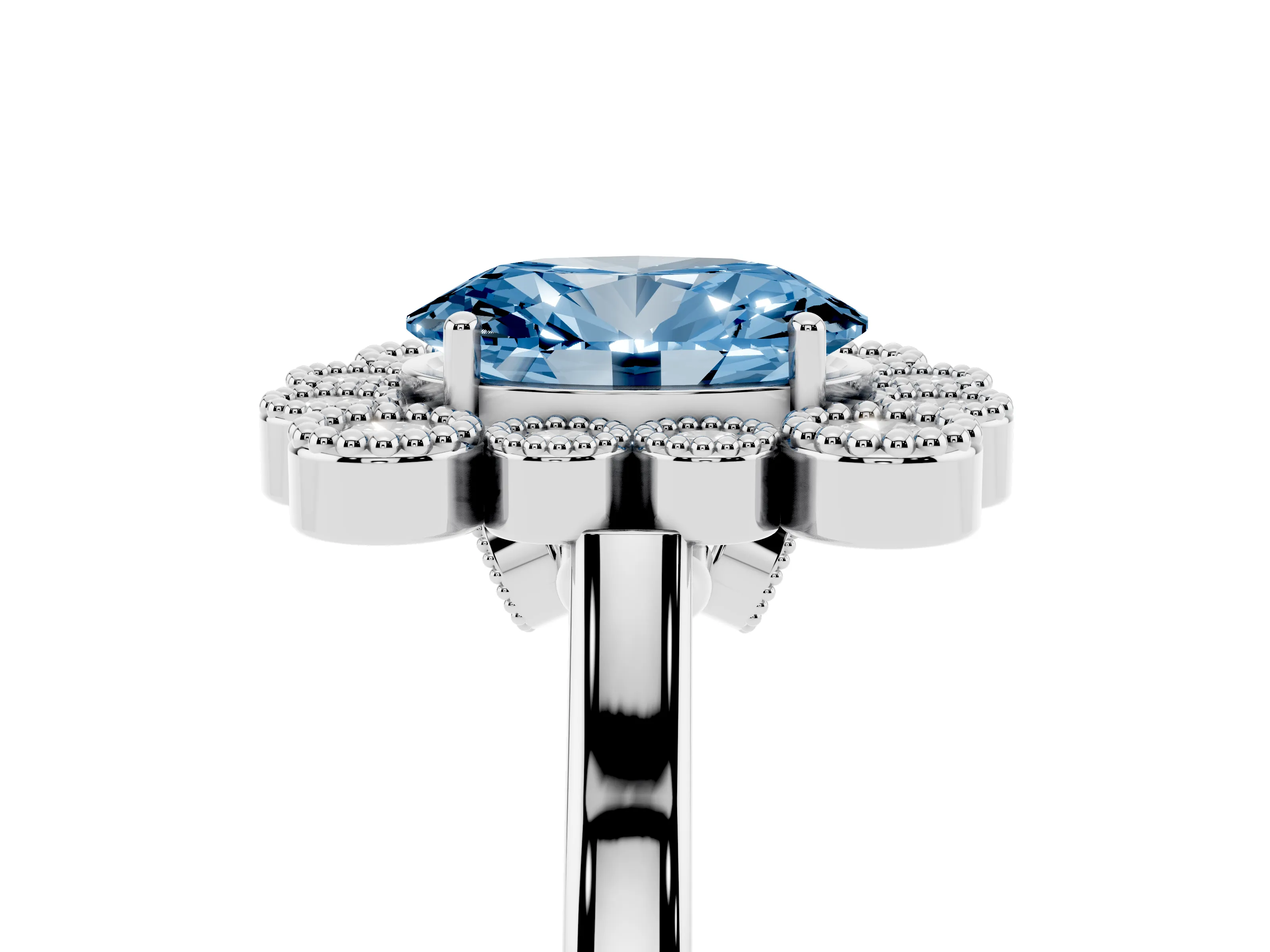 Fancy Blue Oval Cut Diamond Cluster Halo Ring Set in White gold with Milgrain Bezel Accents and Plain Band