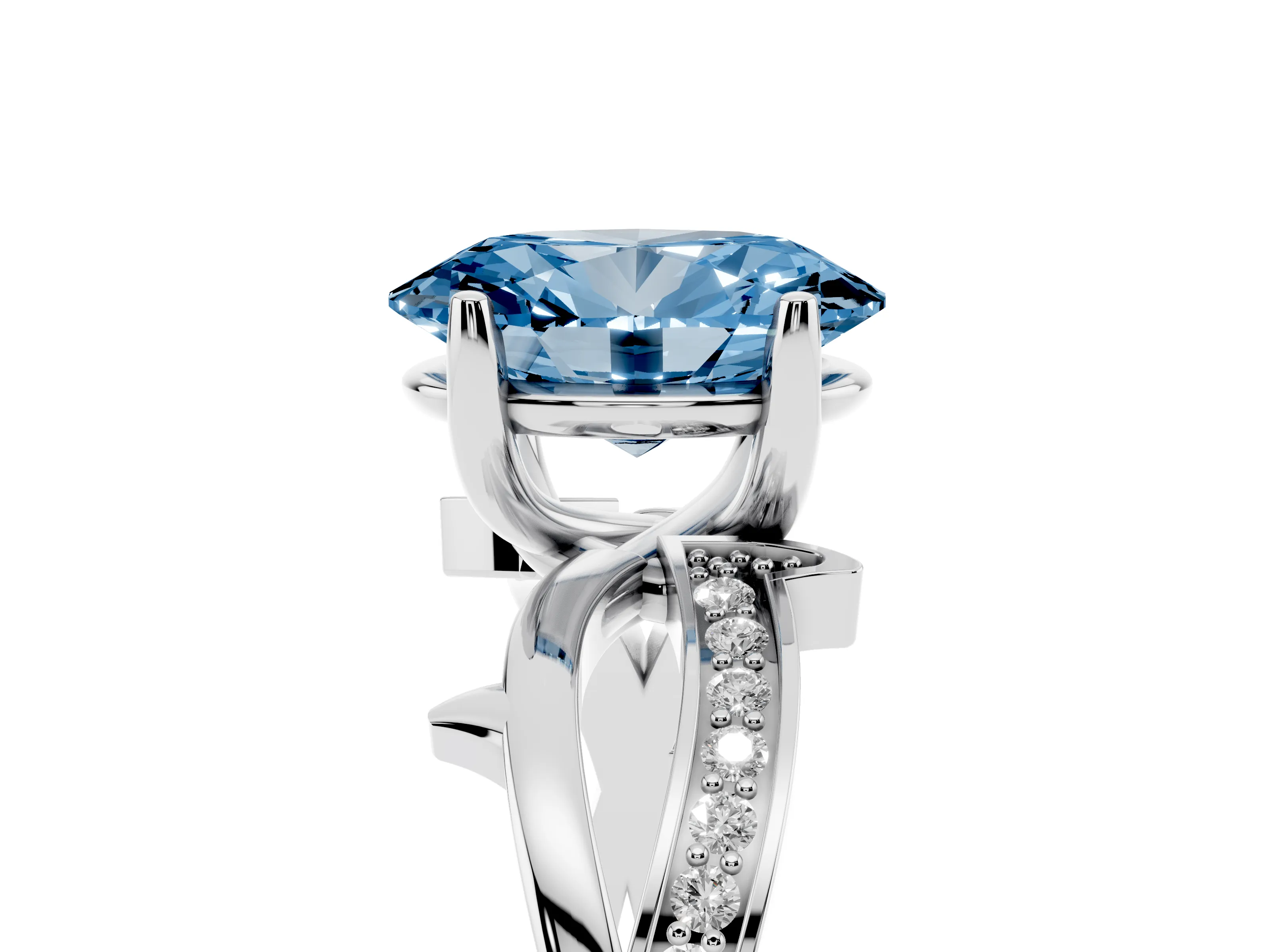 Fancy Blue Oval Cut Diamond Pavé Twist Band Solitaire Ring Set in White gold with Prong Setting