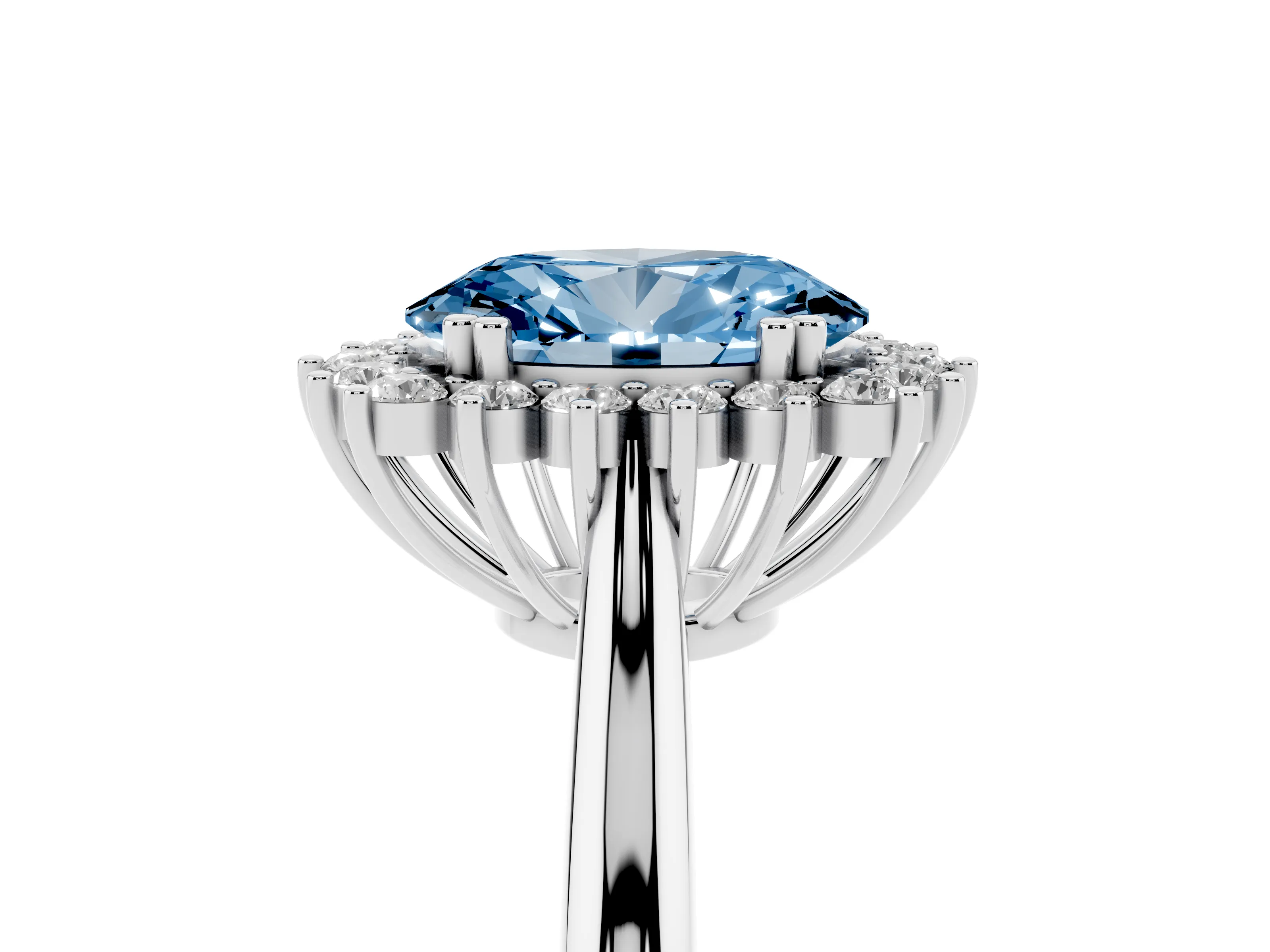 Fancy Blue Oval Cut Diamond Halo Ring Set in Silver with Plain Solitaire Band and Prong Setting