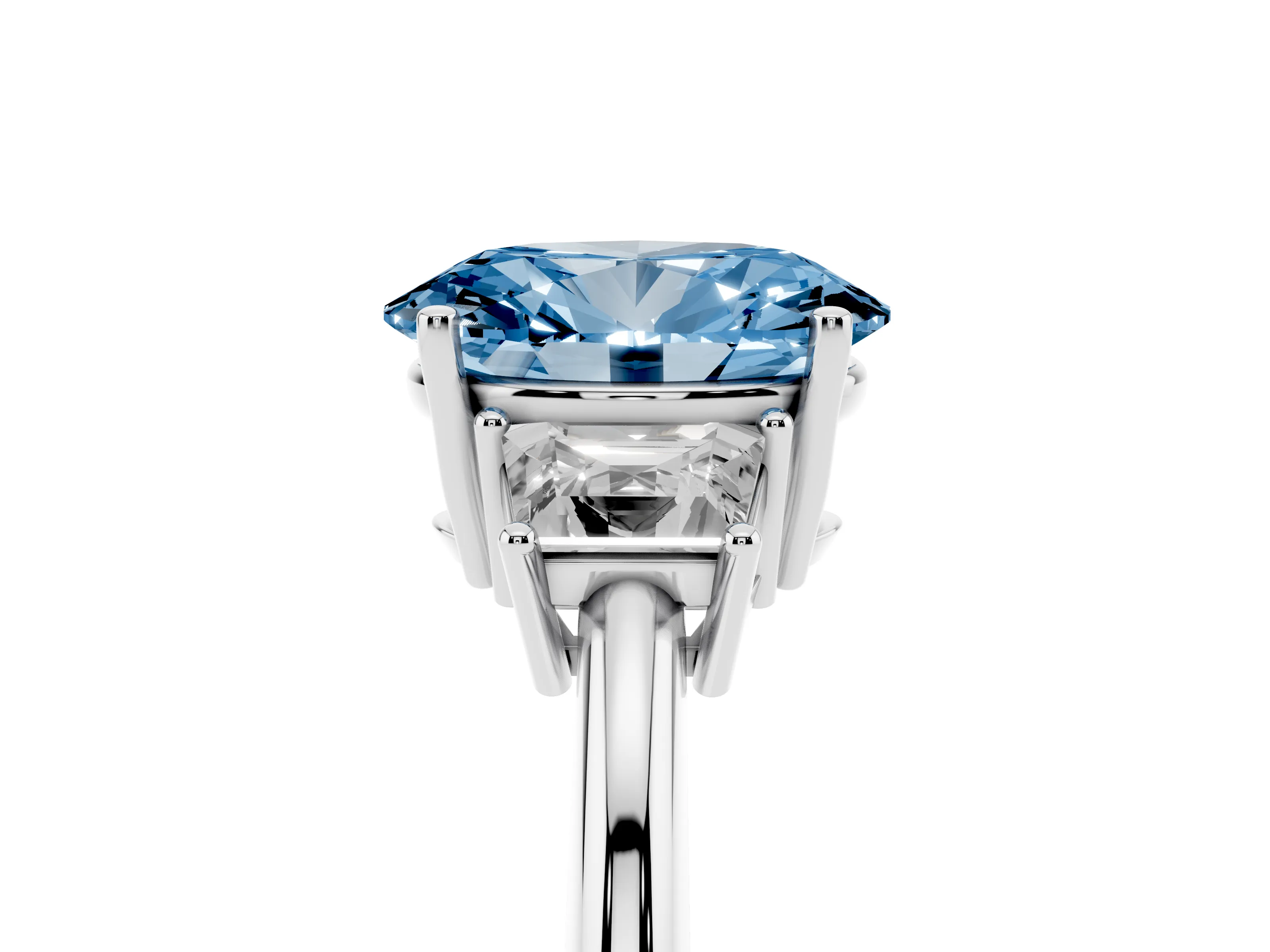 Fancy Blue Oval Cut Diamond Three-Stone Ring Set in White gold with Trapezoid Side Stones and Prong Setting