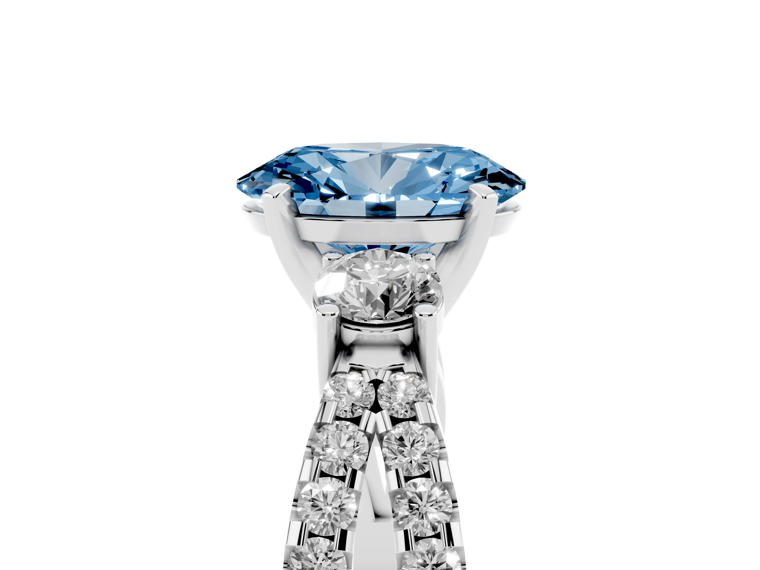 Fancy Blue Oval Cut Diamond Three-Stone Ring Set in Silver with Pavé Split Shank and Prong Setting