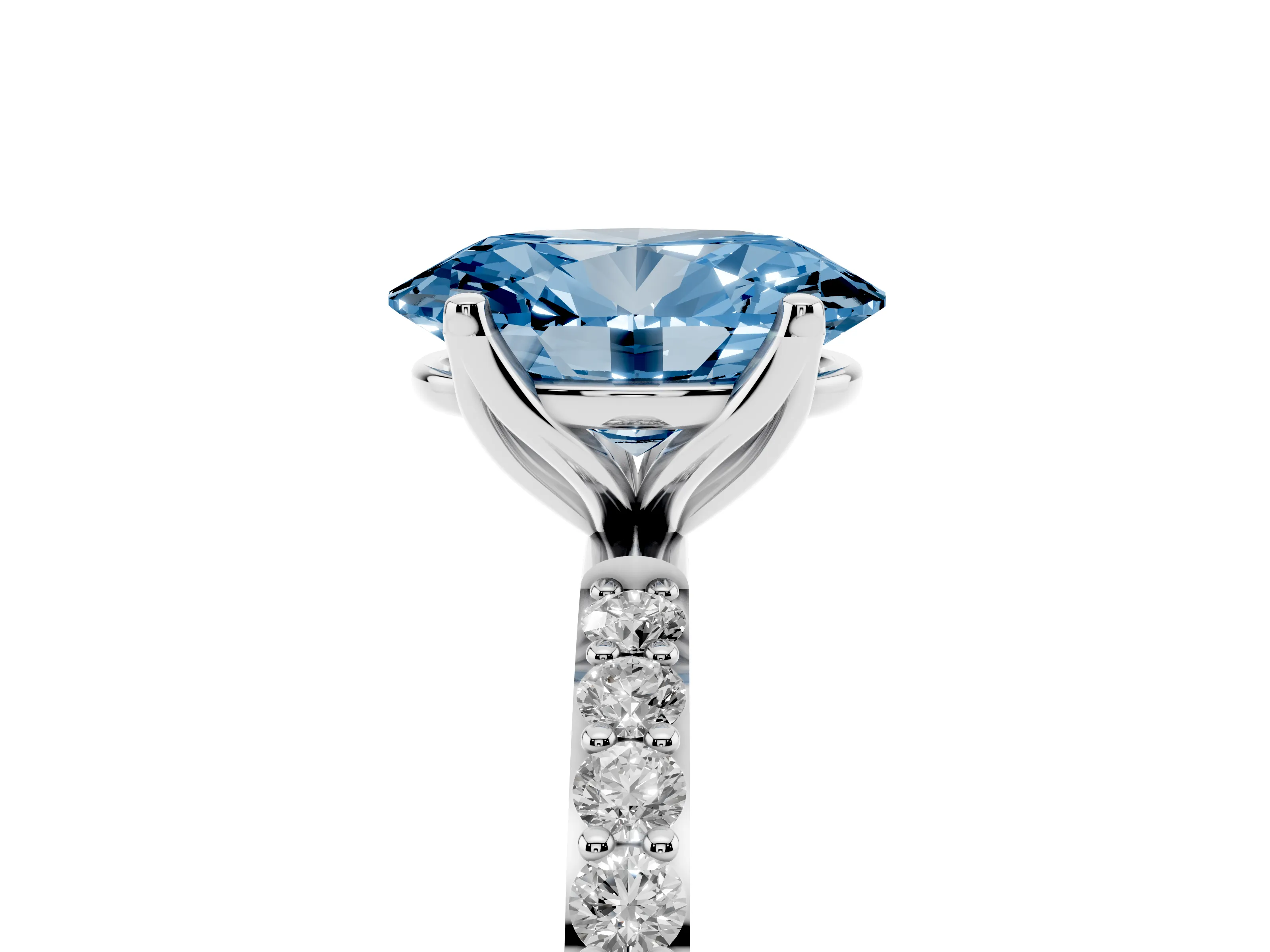 Fancy Blue Oval Cut Diamond Solitaire Engagement Ring Set in White gold with Round Pavé Band and Prong Setting