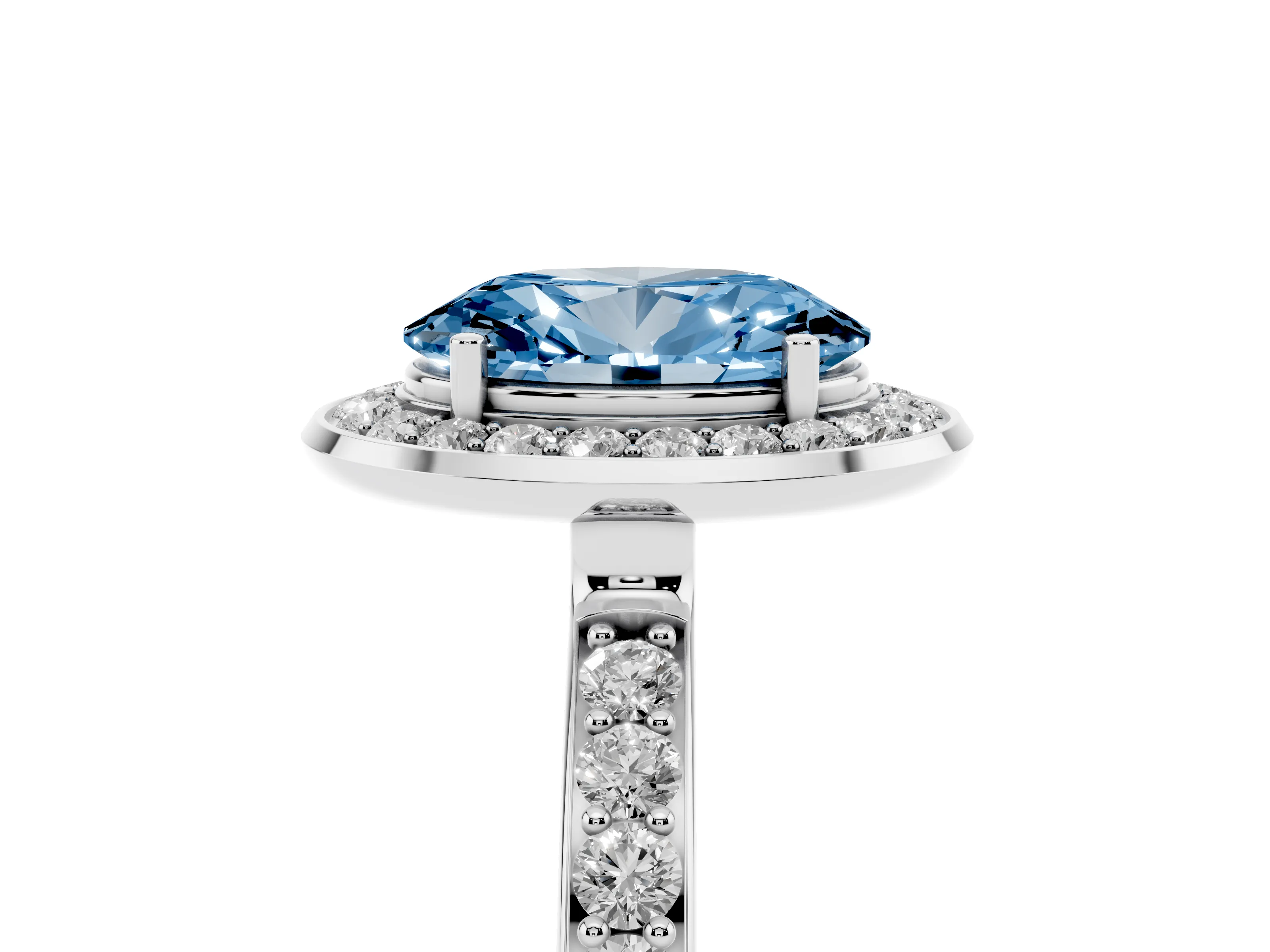 Fancy Blue Oval Cut Diamond Halo Ring Set in White gold with Bezel Frame and Pavé Band