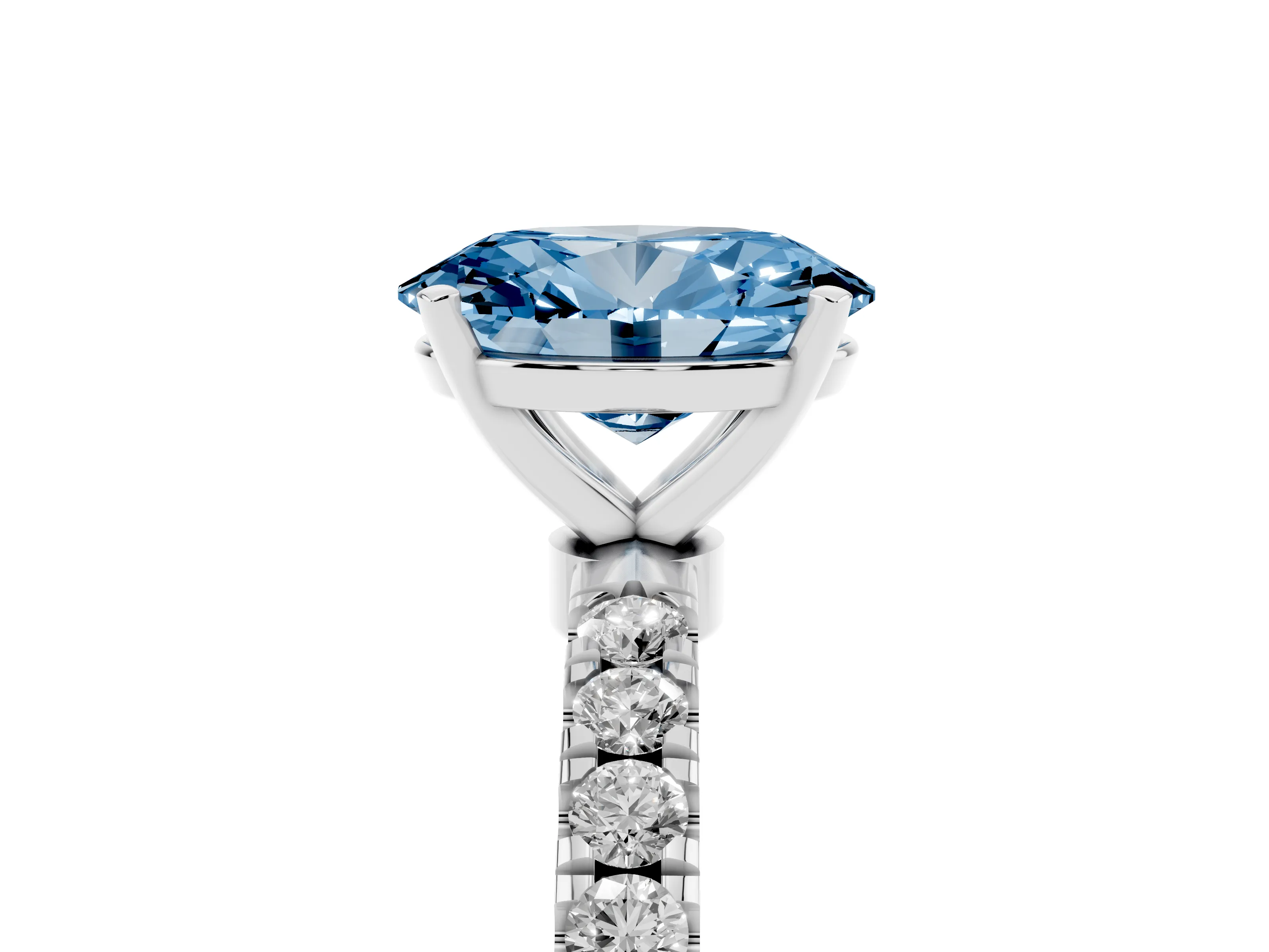 Fancy Blue Oval Cut Diamond Solitaire Ring Set in White gold with Pavé Accents and Prong Setting