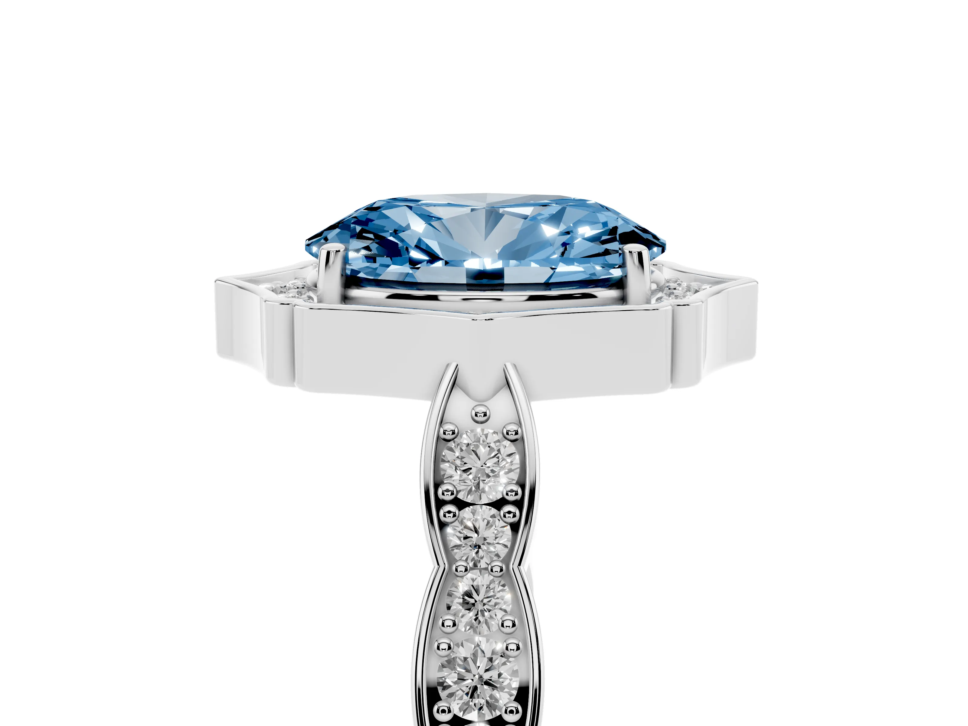 Fancy Blue Oval Cut Diamond Halo Engagement Ring Set in White gold with Milgrain Band and Prong Setting