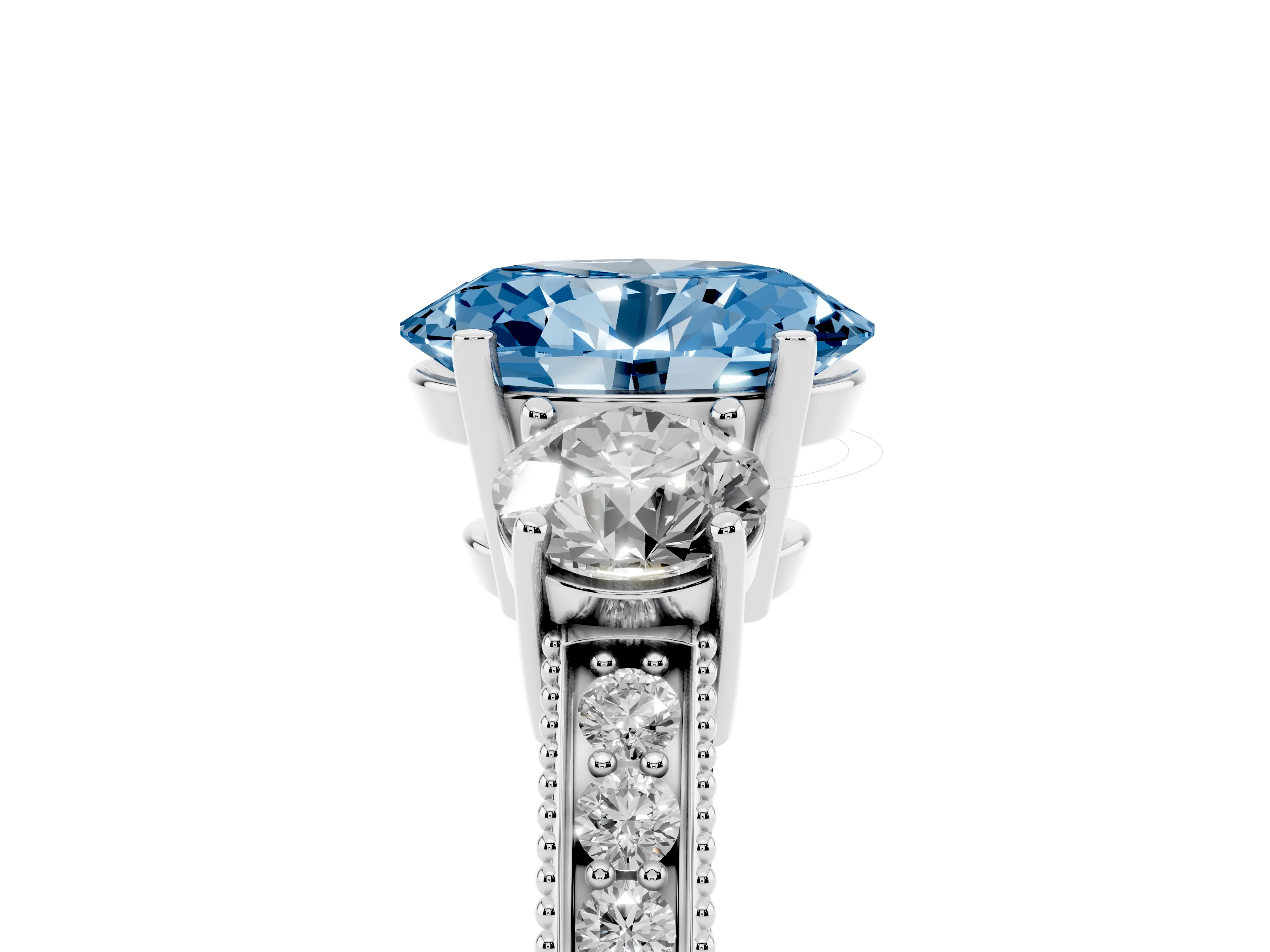Fancy Blue Oval Cut Diamond Three-Stone Ring Set in Silver with Round Side Stones and Pavé Band