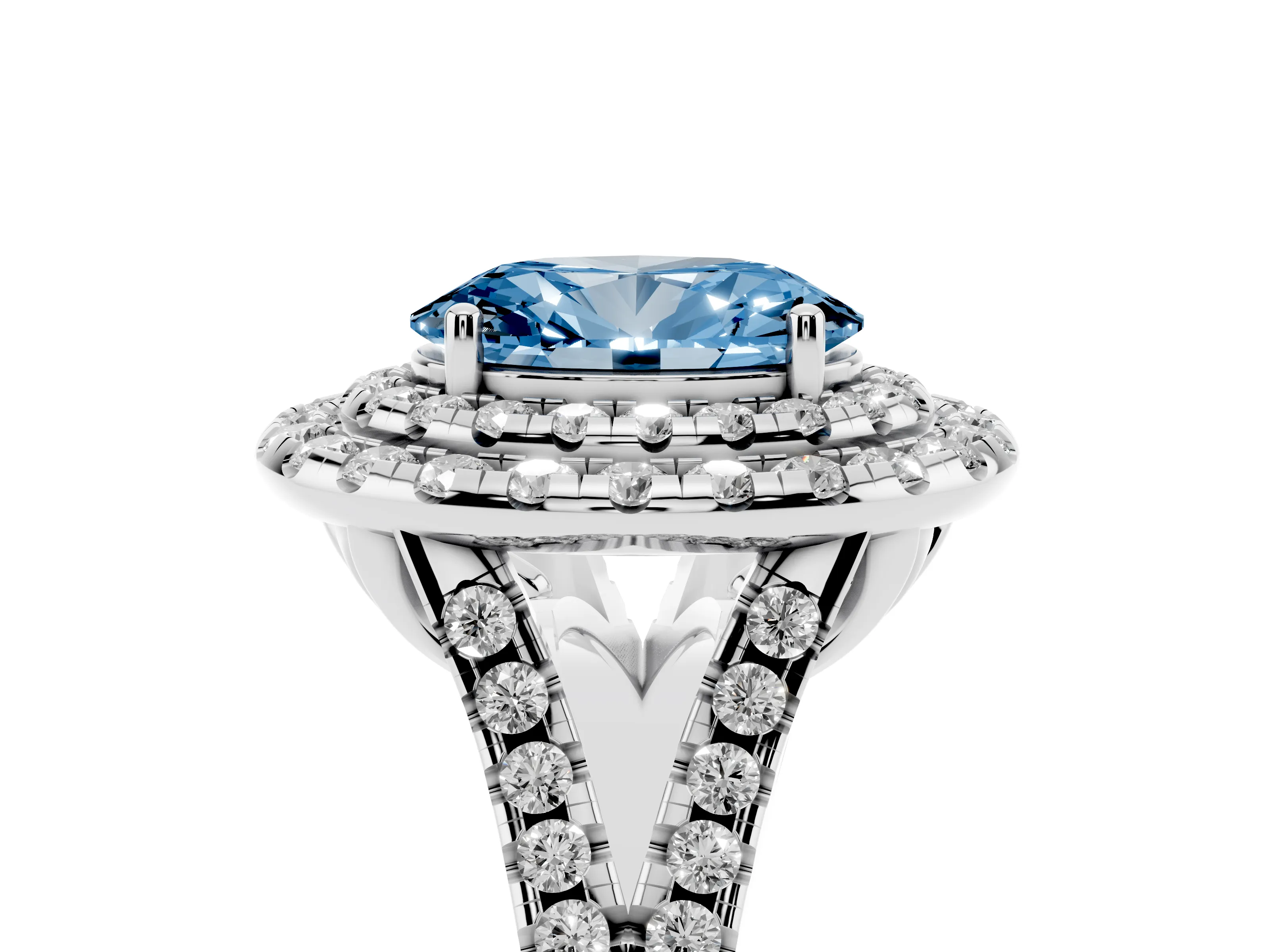 Fancy Blue Oval Cut Diamond Double Halo Ring Set in Silver with Pavé Split Shank and Prong Setting