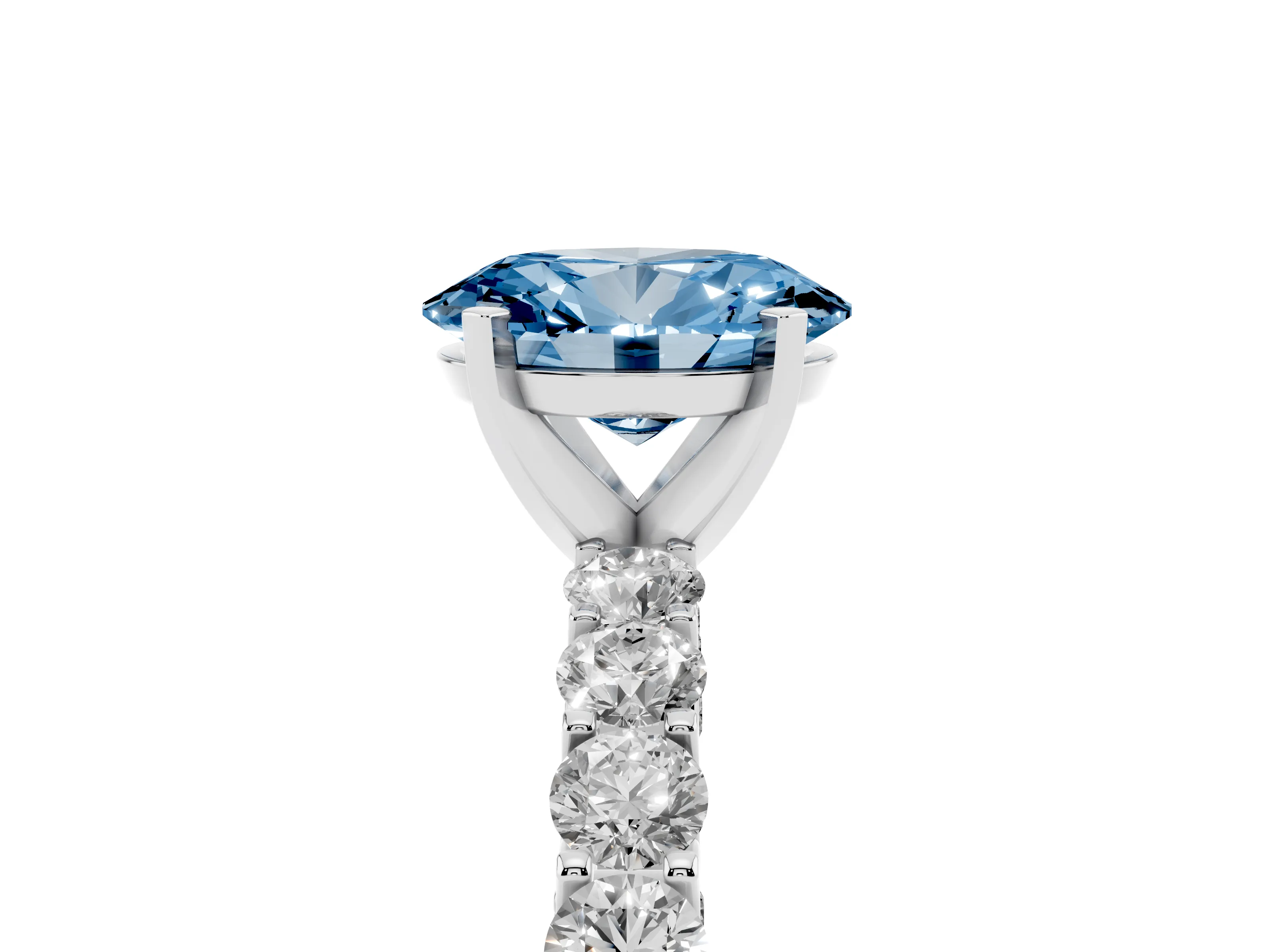 Fancy Blue Oval Cut Diamond Solitaire Ring Set in Platinum with Shared Prong Pavé Band