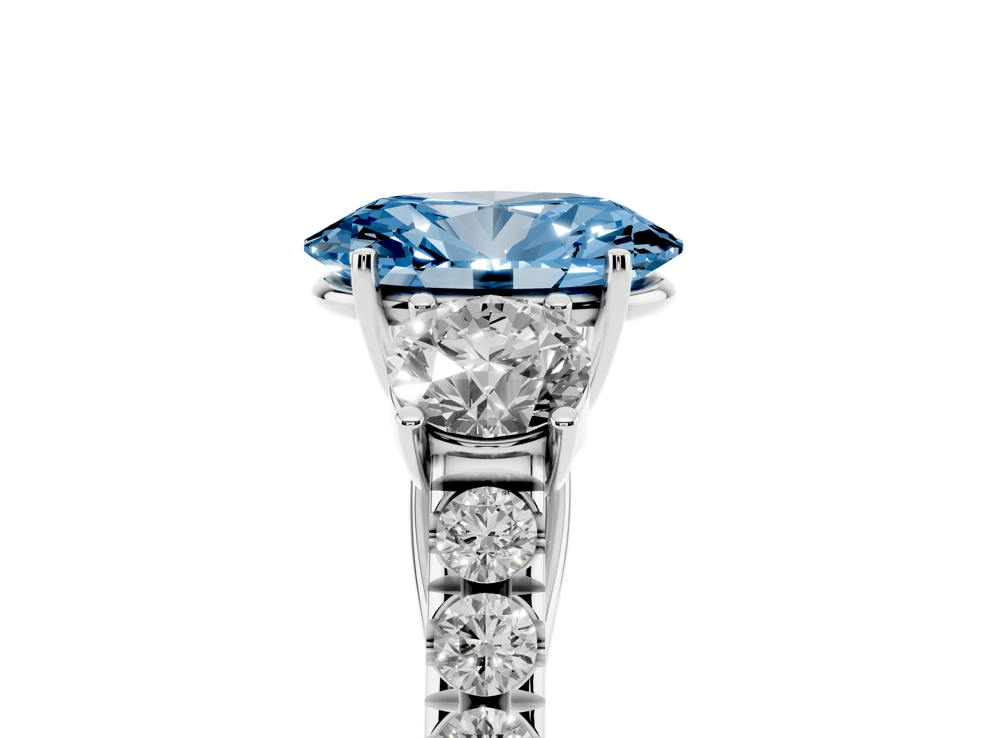 Fancy Blue Oval Cut Diamond Three-Stone Ring Set in White gold with Round Side Stones and Delicate Pavé Band