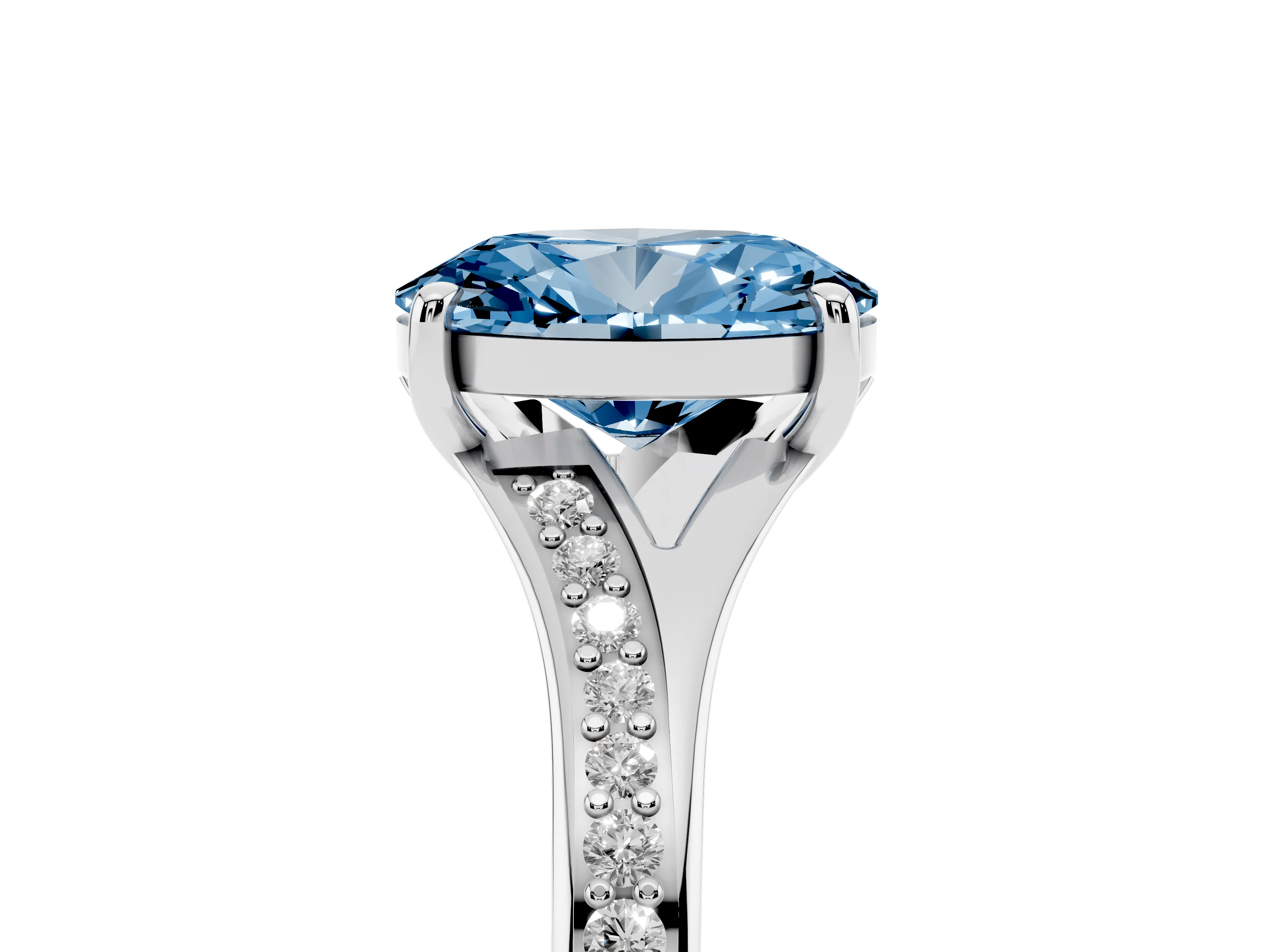 Fancy Blue Oval Cut Diamond Solitaire Ring Set in White gold with Pavé Accent Band and Classic Prong Setting