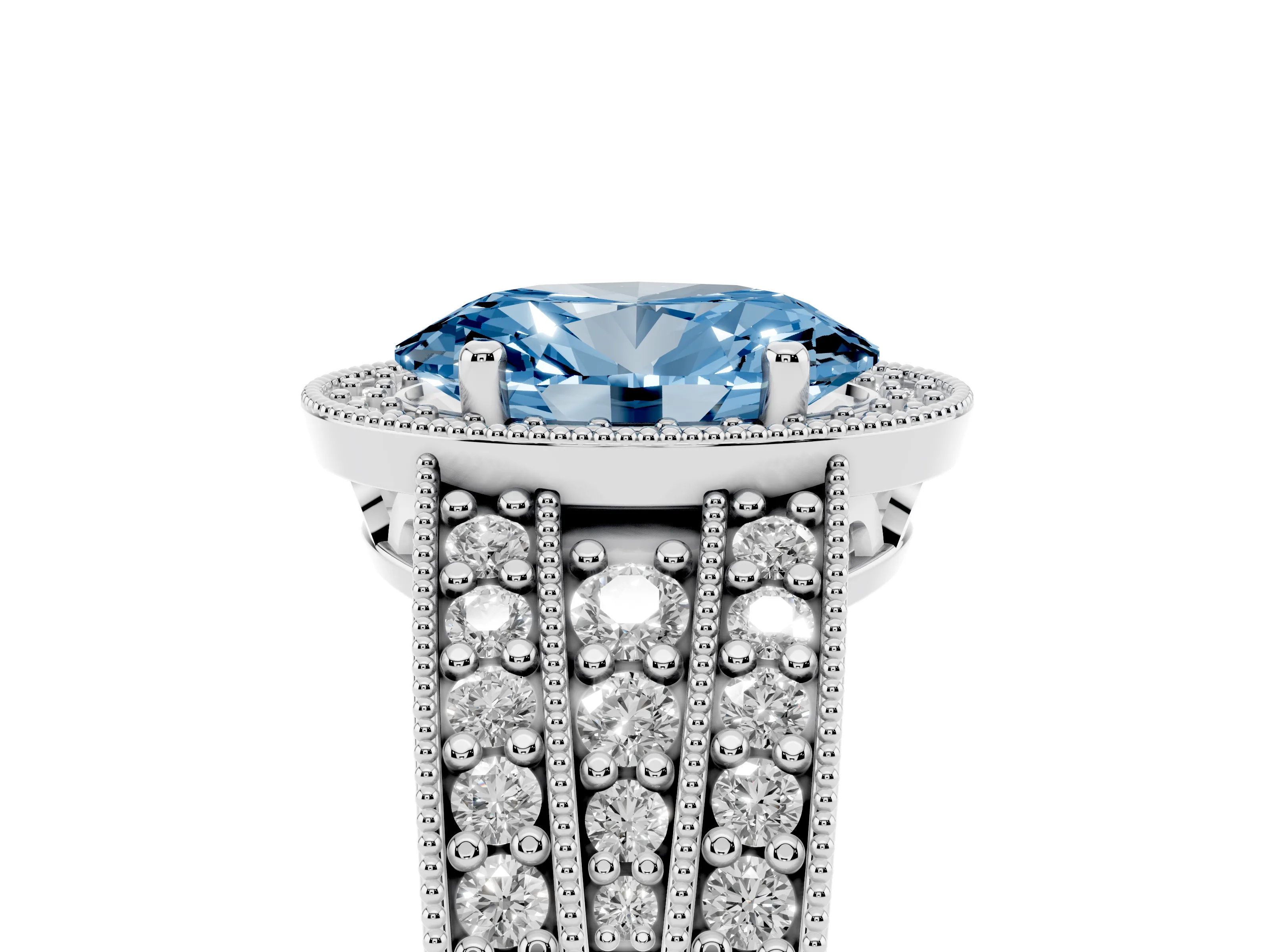 Fancy Blue Oval Cut Diamond Halo Ring Set in Platinum with Accent Split Shank and Prong Setting