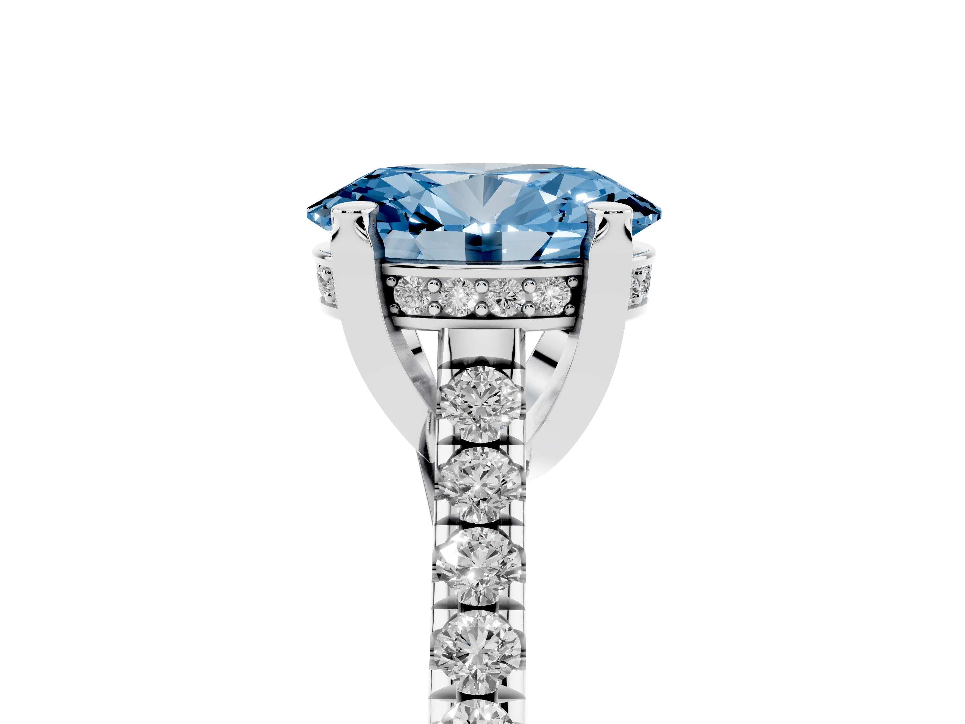 Fancy Blue Oval Cut Diamond Solitaire Ring Set in Silver with Brilliant Pavé Band and Prong Setting