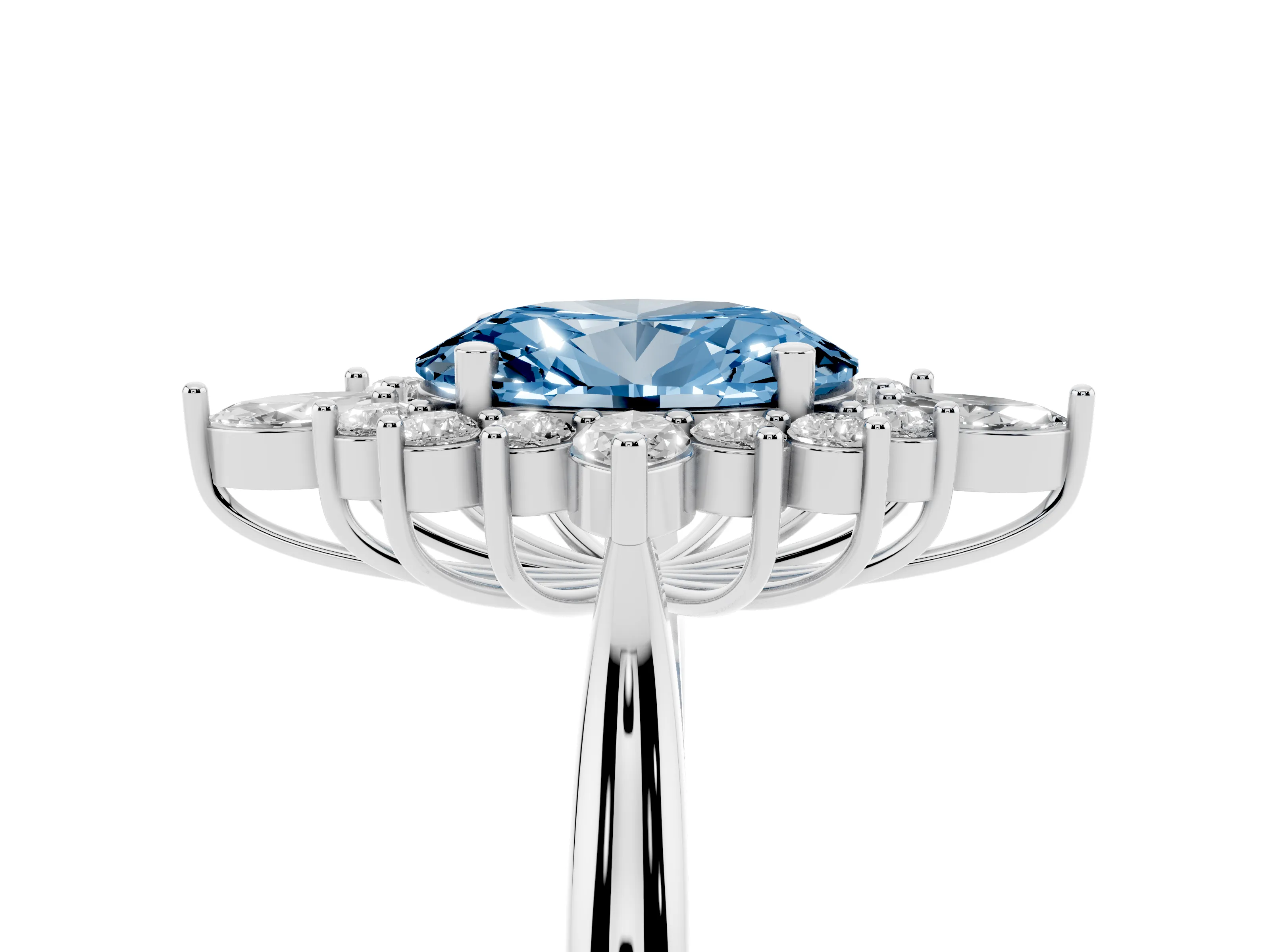 Fancy Blue Oval Cut Diamond Cluster Halo Ring Set in Platinum with Marquise and Round Accents