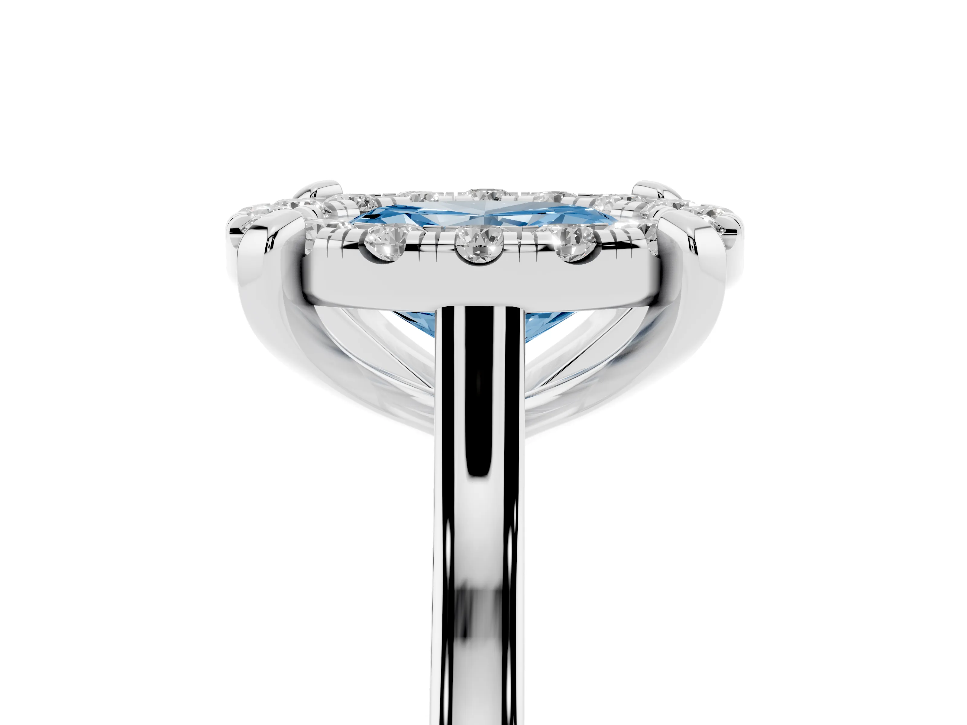 Fancy Blue Oval Cut Diamond Cluster Halo Solitaire Ring Set in Silver with Prong Setting