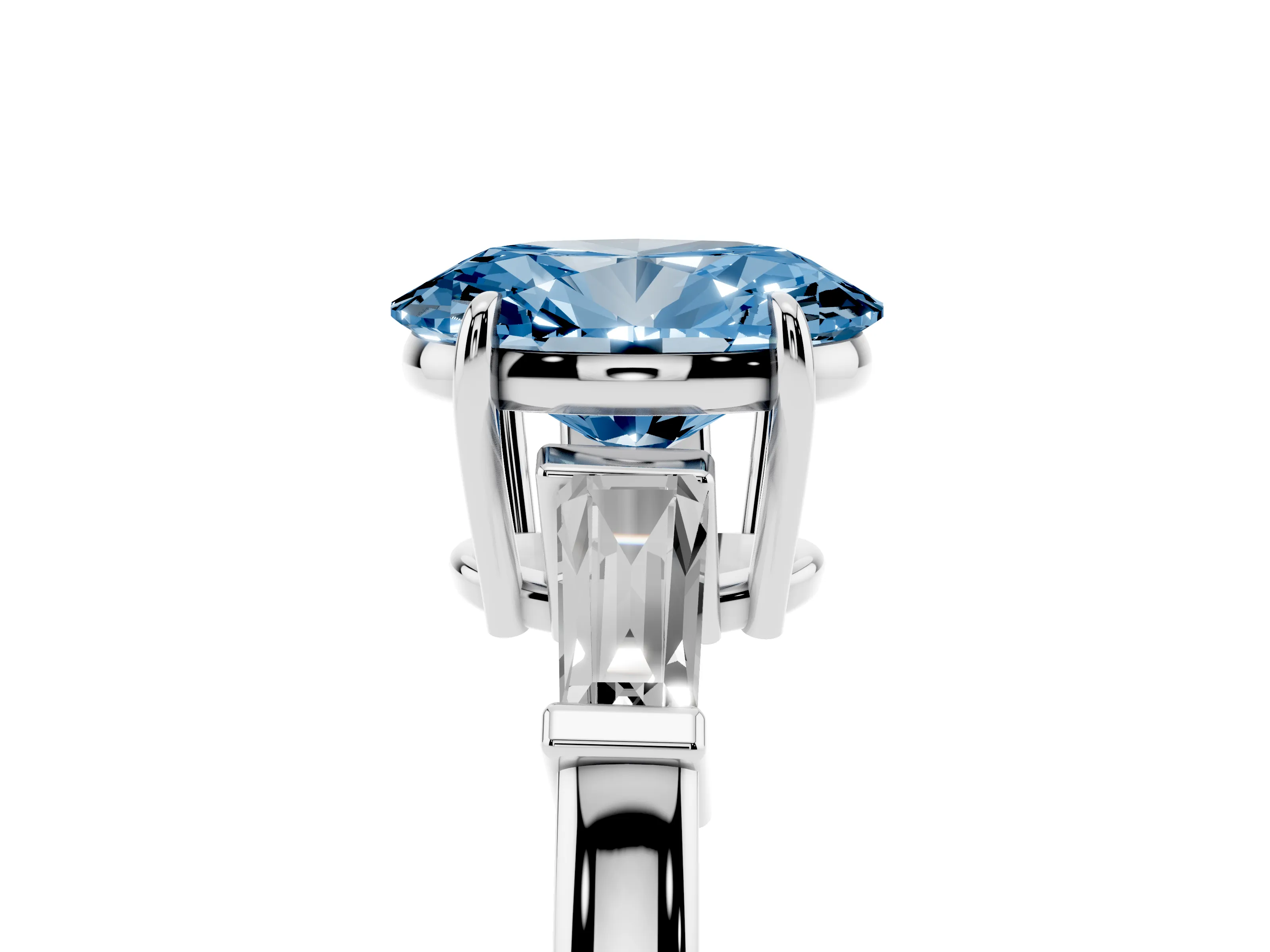 Fancy Blue Oval Cut Diamond Three-Stone Ring Set in Silver with Tapered Baguette Side Stones and Prong Setting