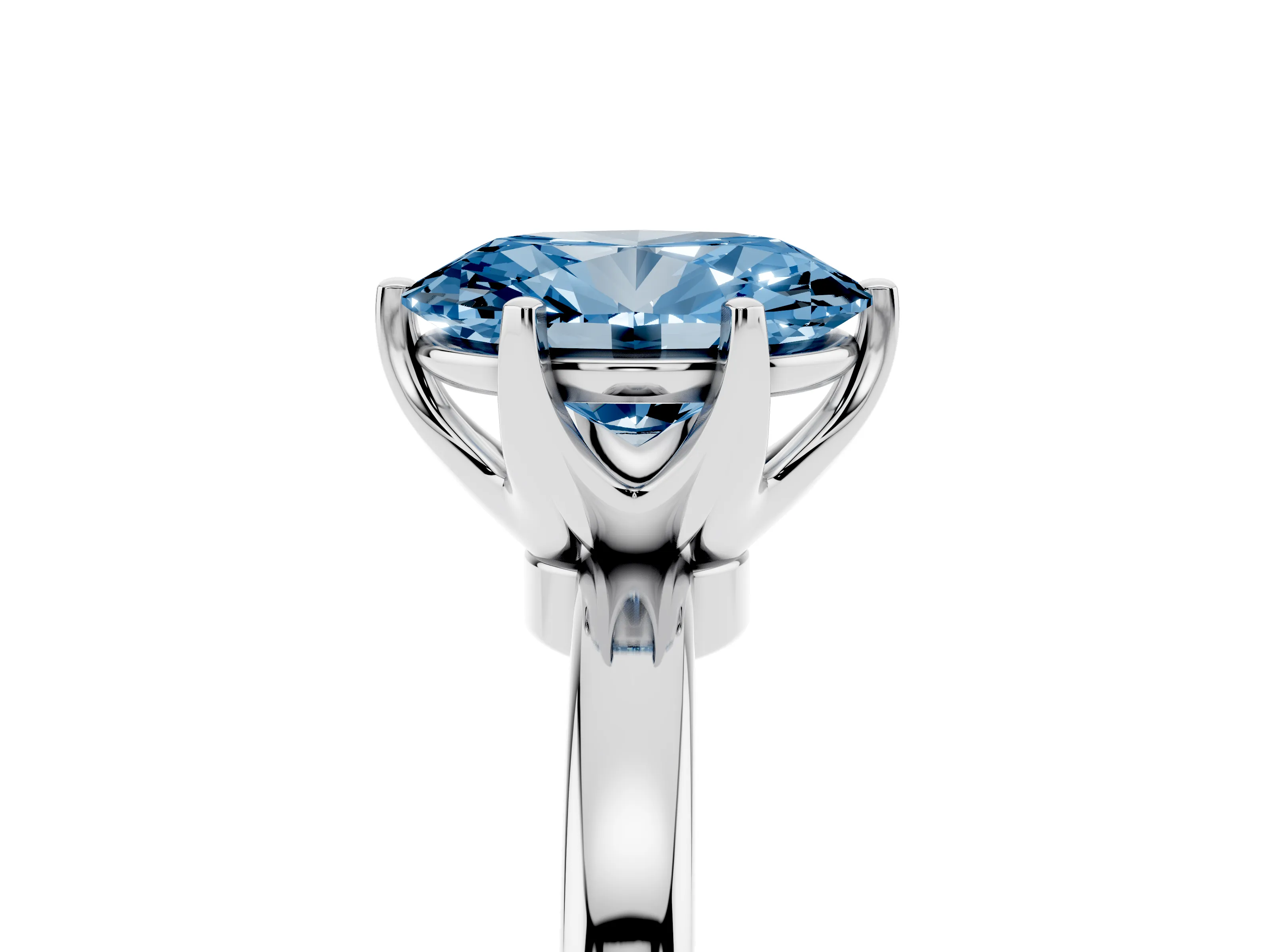 Fancy Blue Oval Cut Diamond Solitaire Ring Set in White gold with Raised Prong Setting on a Classic Band