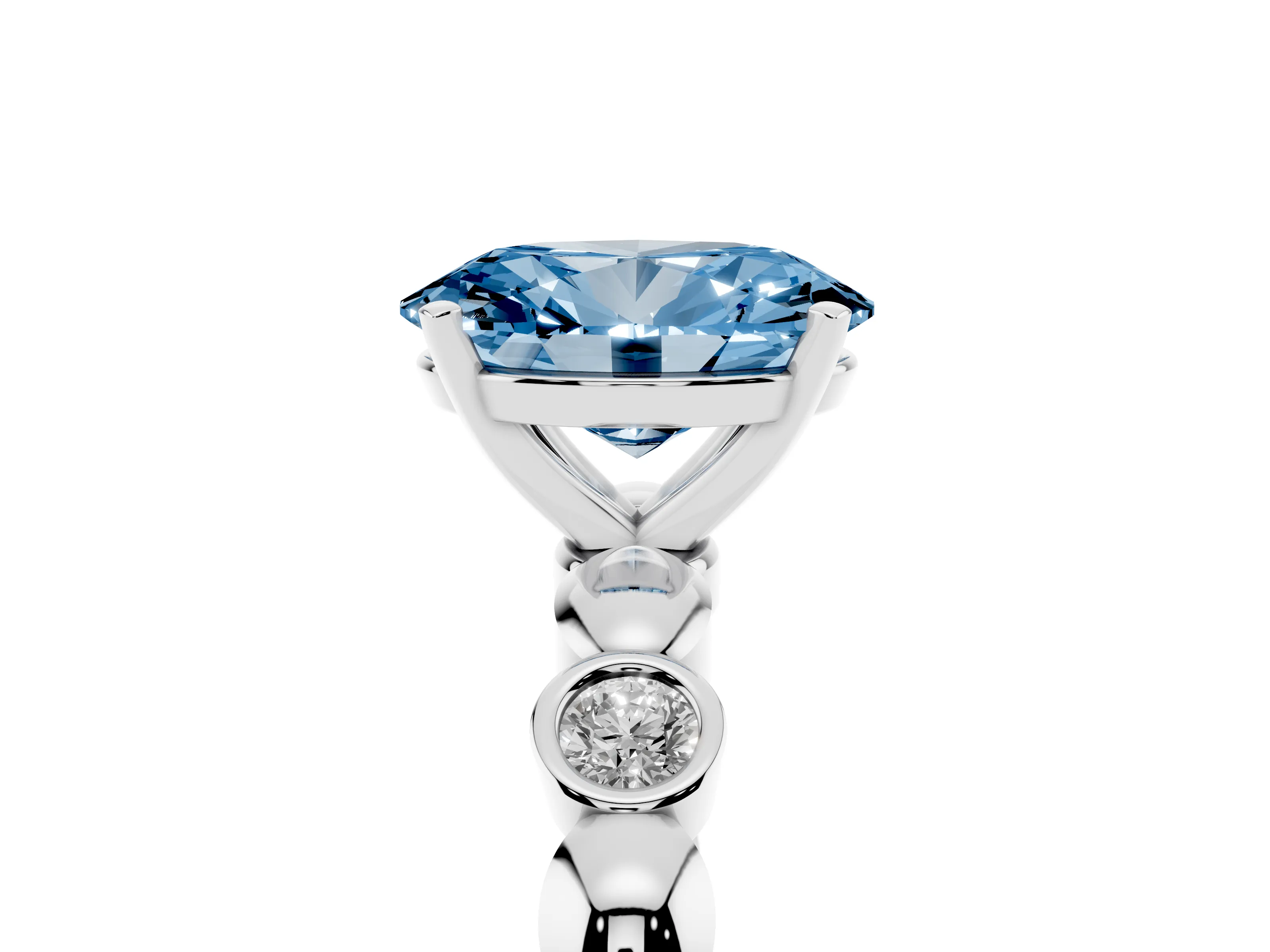 Fancy Blue Oval Cut Diamond Solitaire Ring Set in Platinum with Bezel-Set Accents on Beaded Band and Prong Setting