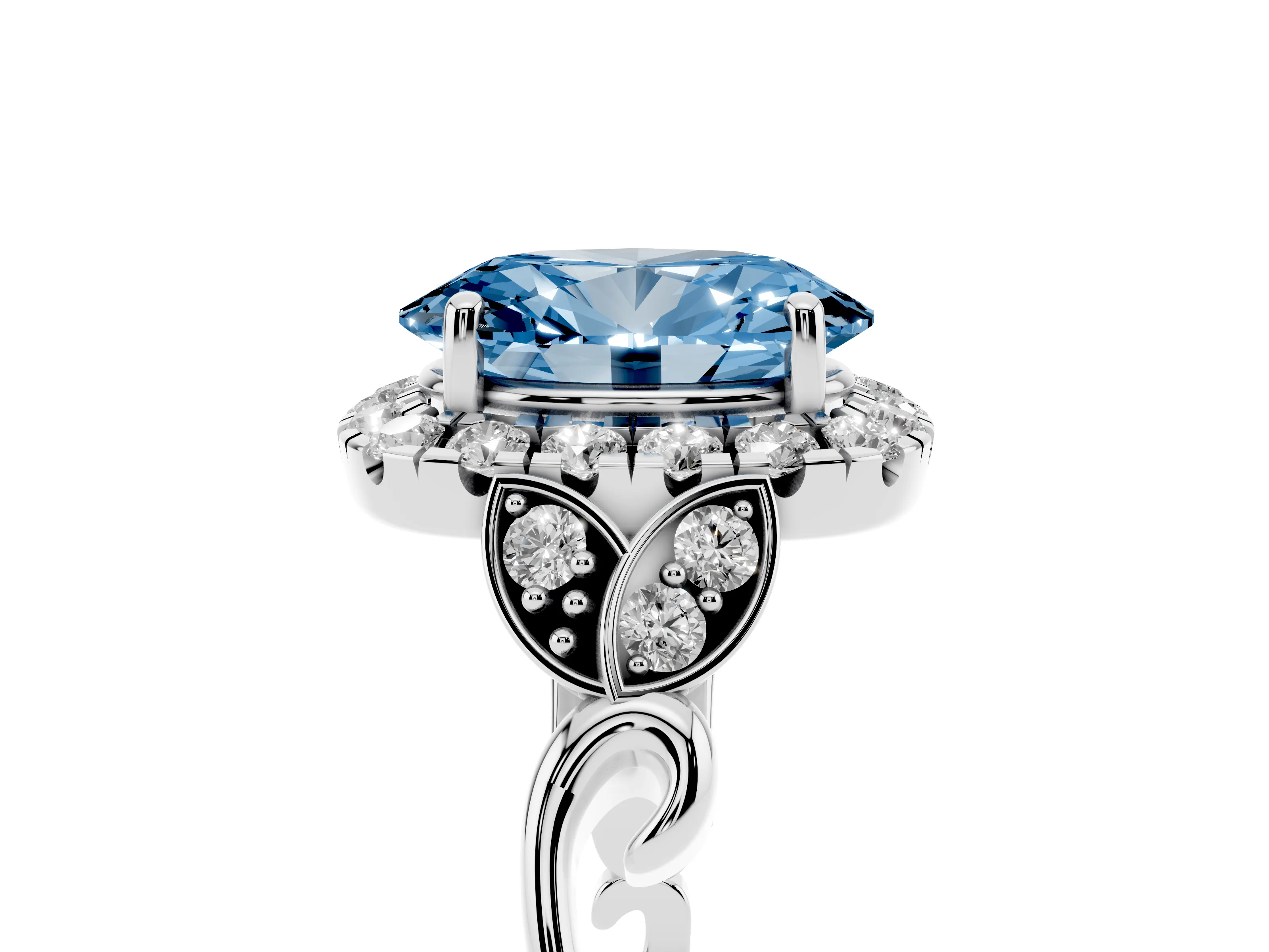 Fancy Blue Oval Cut Diamond Halo Engagement Ring Set in White gold with Vintage-Inspired Band and Prong Setting