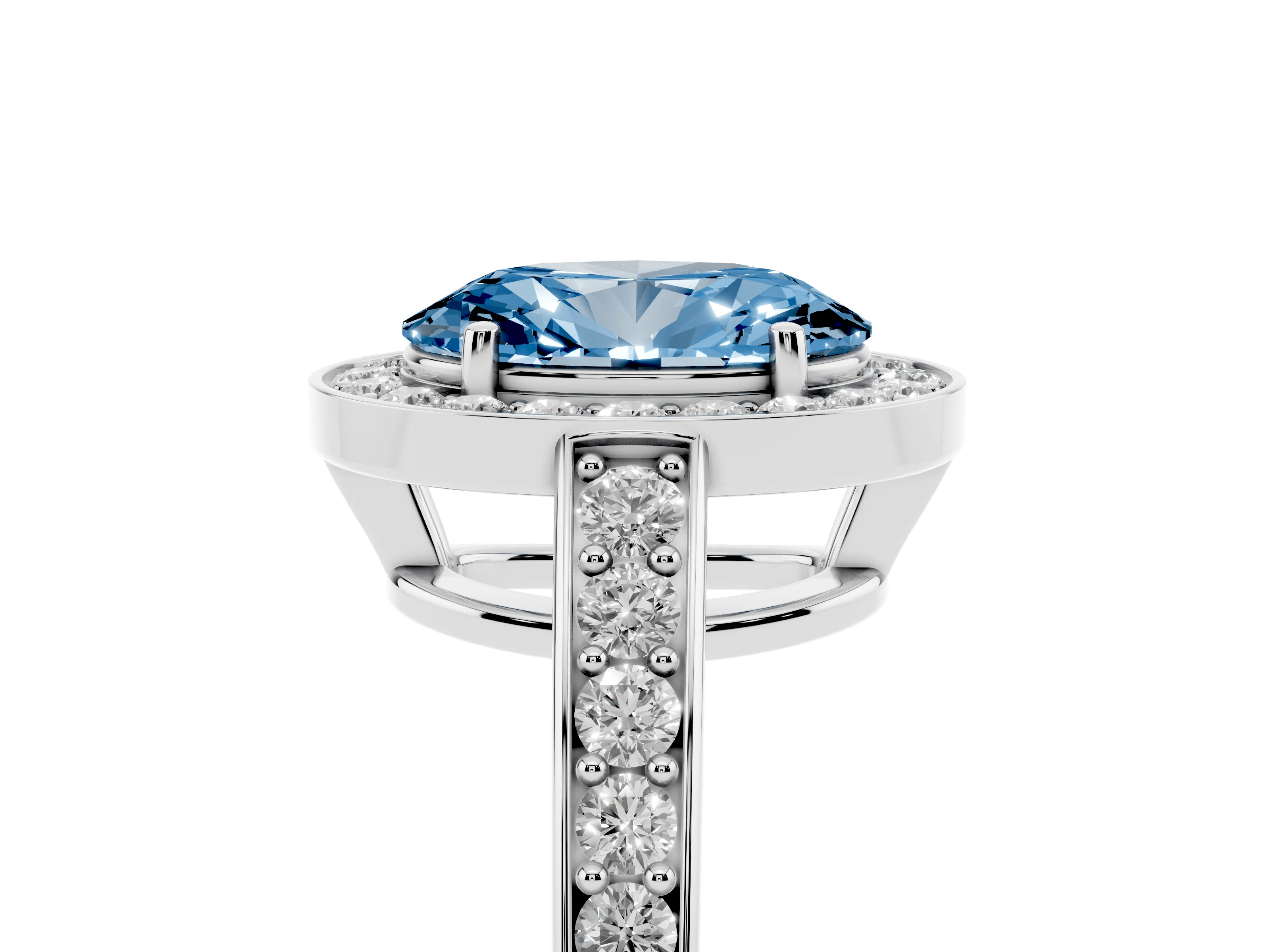 Fancy Blue Oval Cut Diamond Halo Pavé Engagement Ring Set in White gold with Bezel Setting