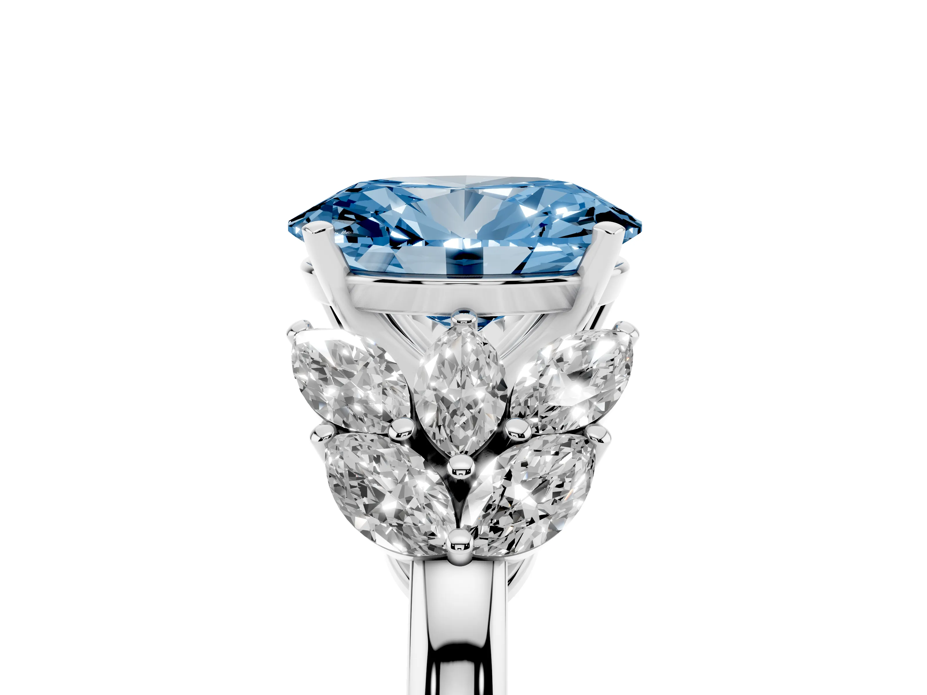 Fancy Blue Oval Cut Diamond Cluster Leaf Design Ring Set in White gold with Prong Setting