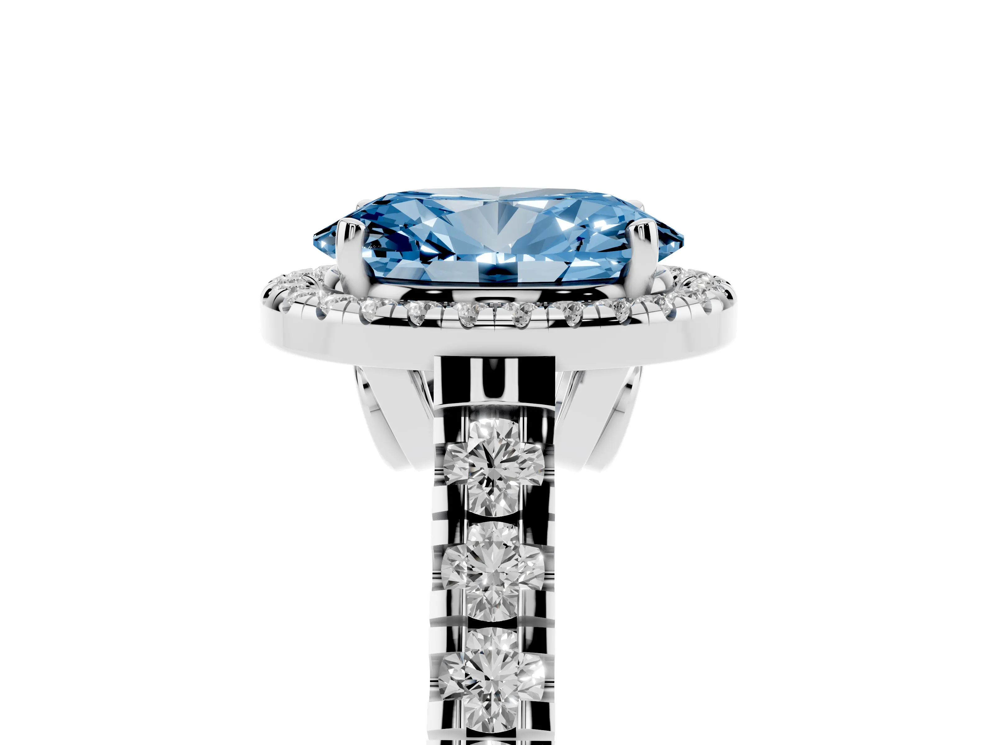 Fancy Blue Oval Cut Diamond Halo Engagement Ring Set in Platinum with Pavé Band and Prong-Set Center