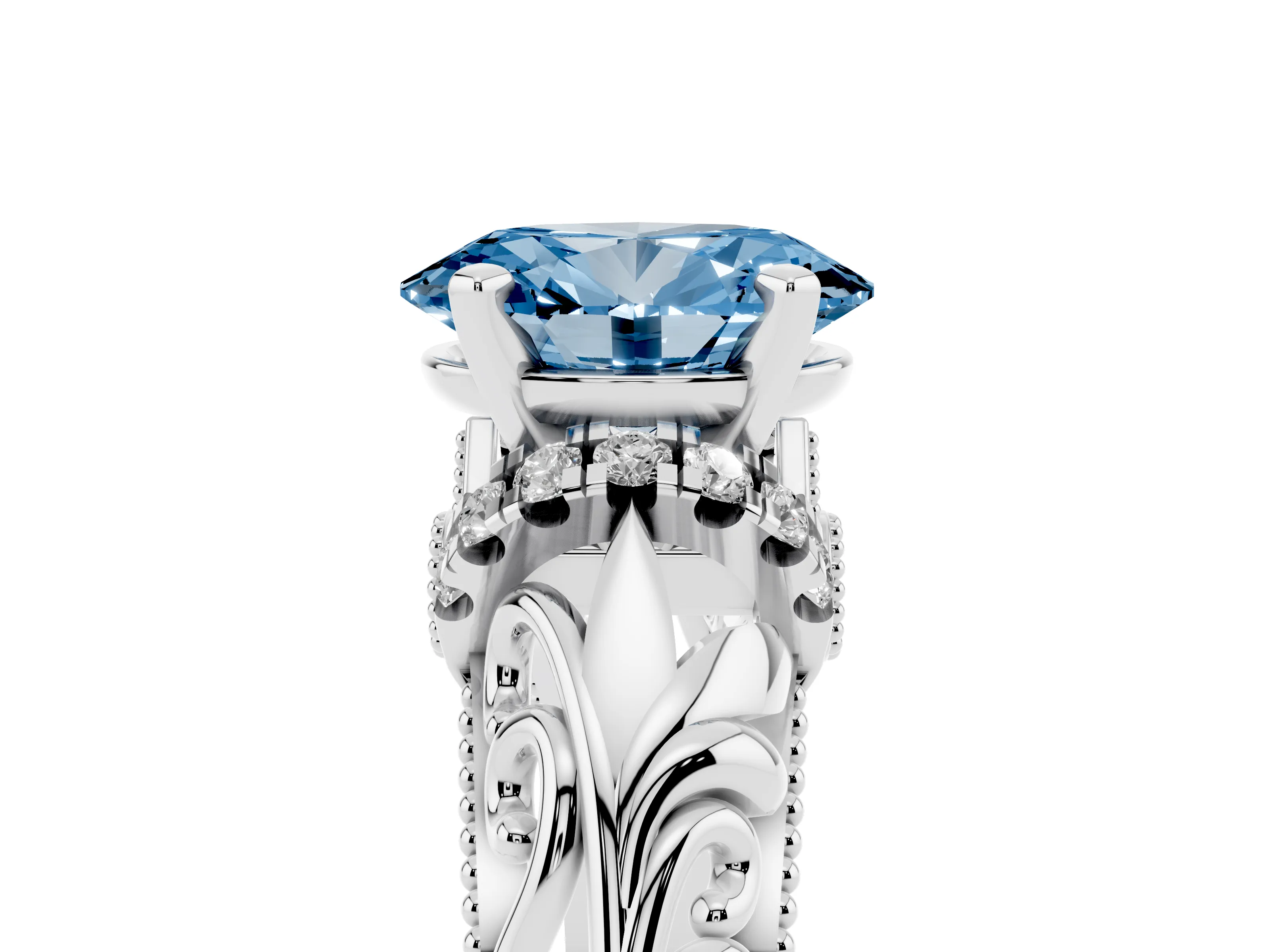 Fancy Blue Oval Cut Diamond Filigree Halo Engagement Ring Set in White gold with Prong Setting