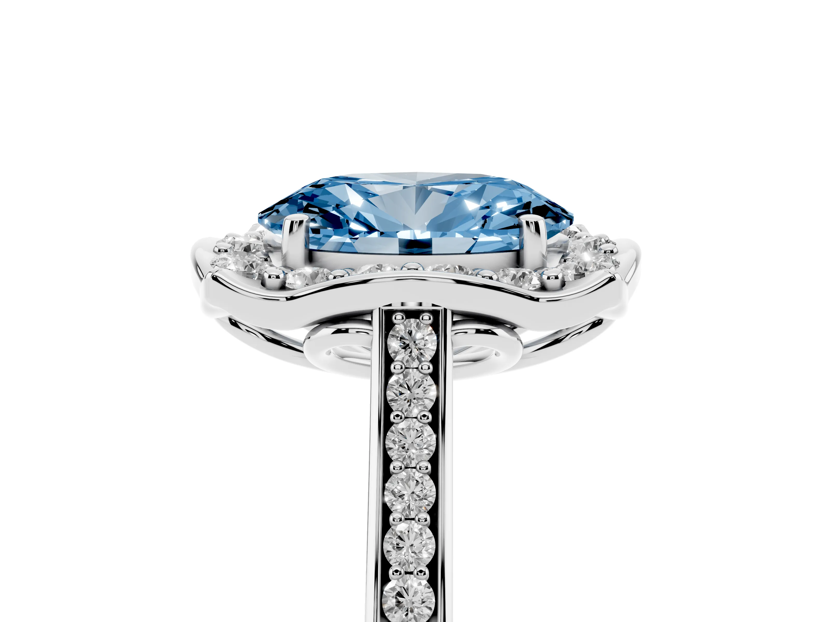 Fancy Blue Oval Cut Diamond Halo Ring Set in Silver with Pavé-Lined Shoulders and Prong Setting