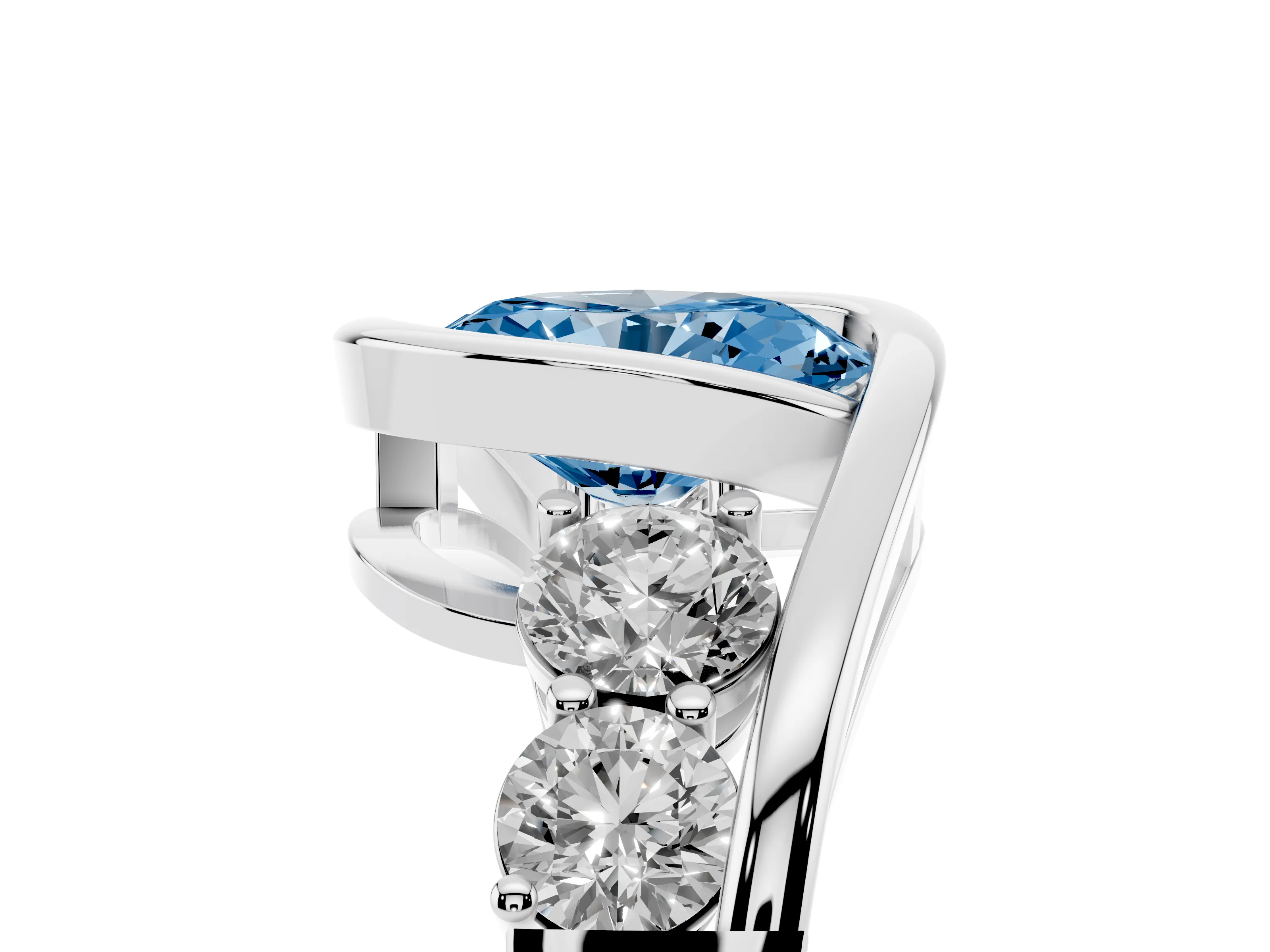 Fancy Blue Oval Cut Diamond Bezel Bypass Ring Set in Silver with Round Accents