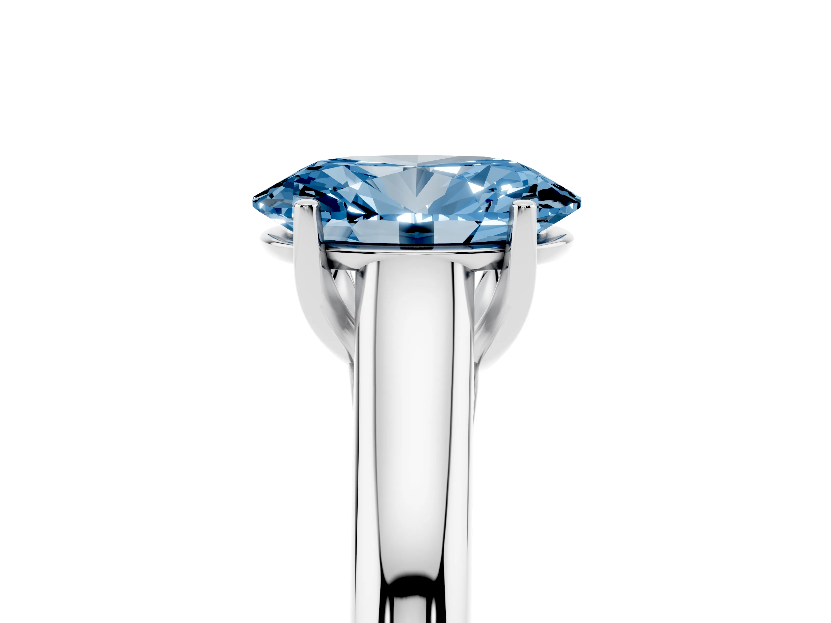 Fancy Blue Oval Cut Diamond Solitaire Engagement Ring Set in Silver with Subtly Tapered Band and Prong Setting