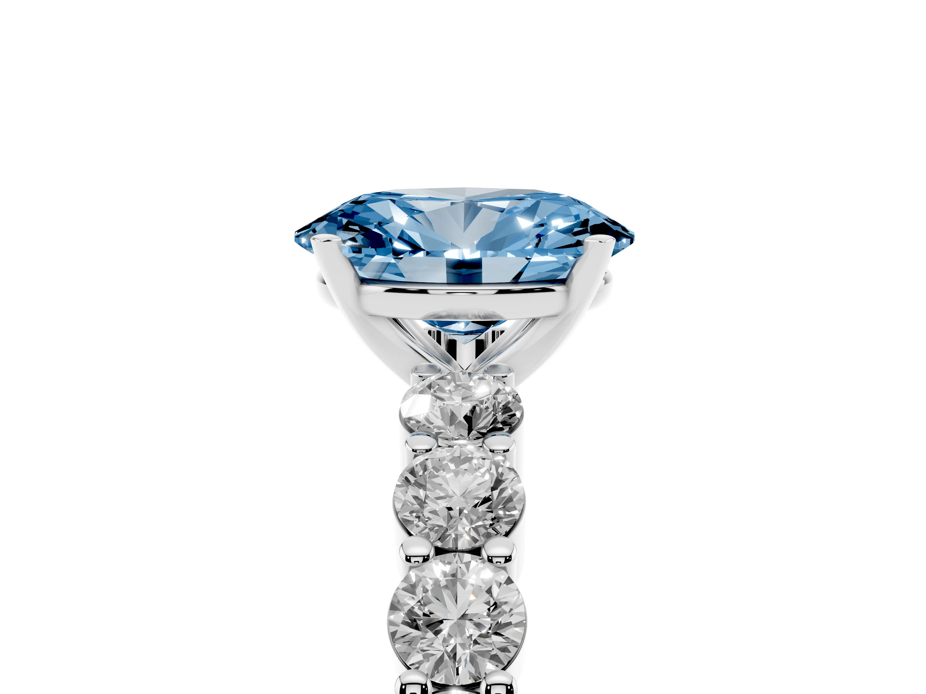 Fancy Blue Oval Cut Diamond Solitaire Ring Set in Platinum with Shared Prong Round Side Stones