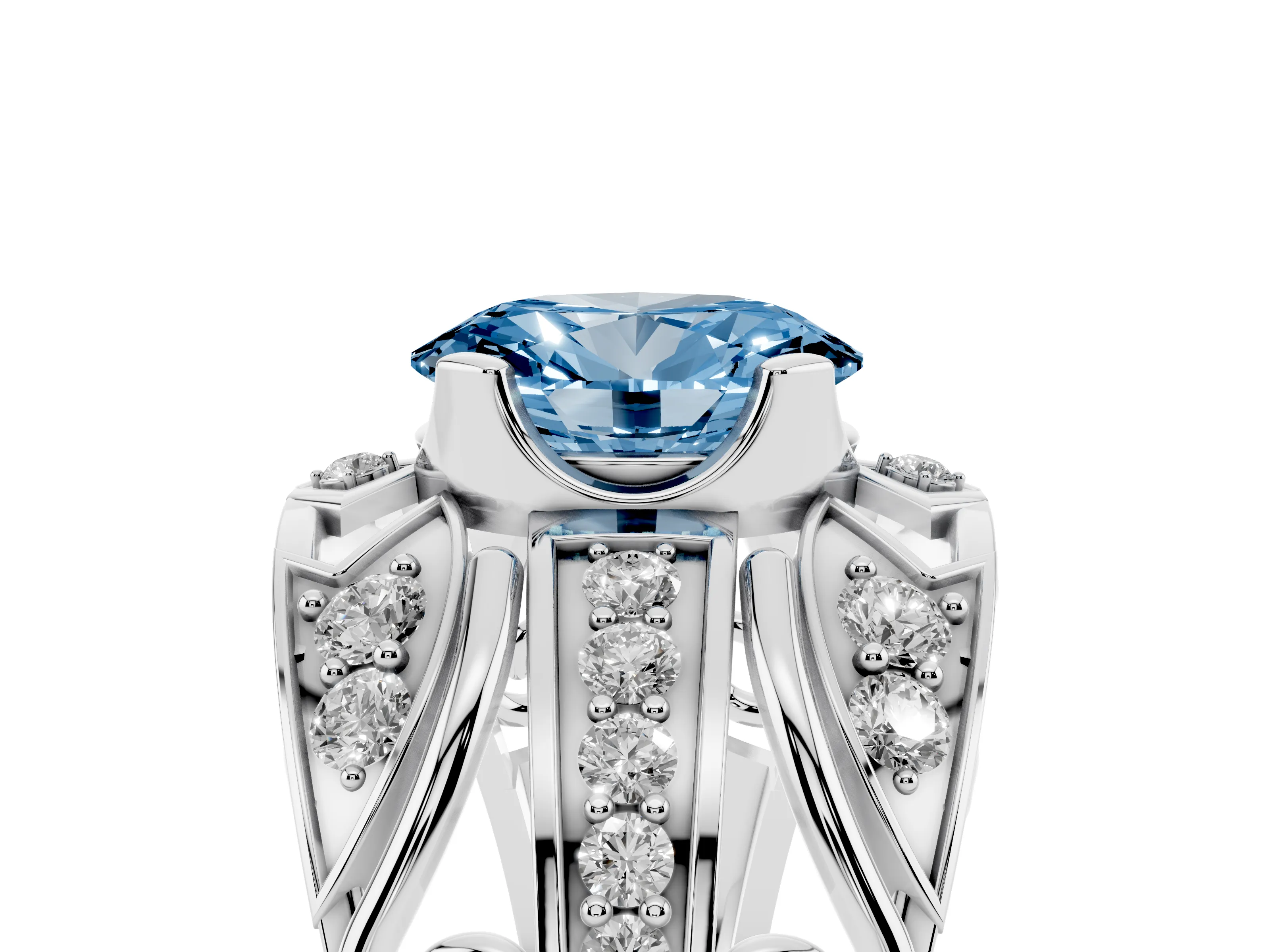 Fancy Blue Oval Cut Diamond Art Deco Ring Set in Platinum with Pavé Split Shank