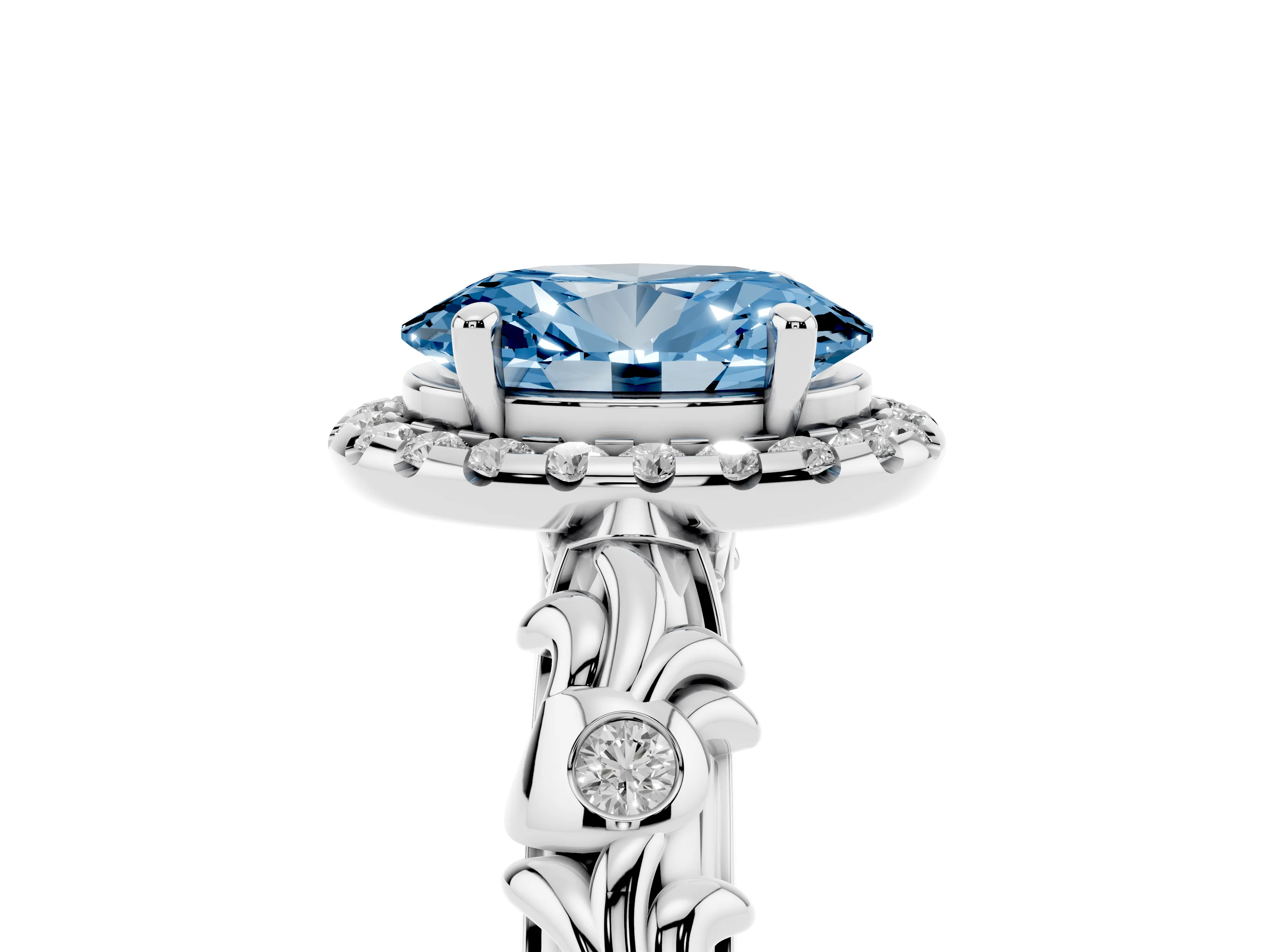 Fancy Blue Oval Cut Diamond Halo Ring Set in White gold with Filigree Leaf Band and Prong Setting