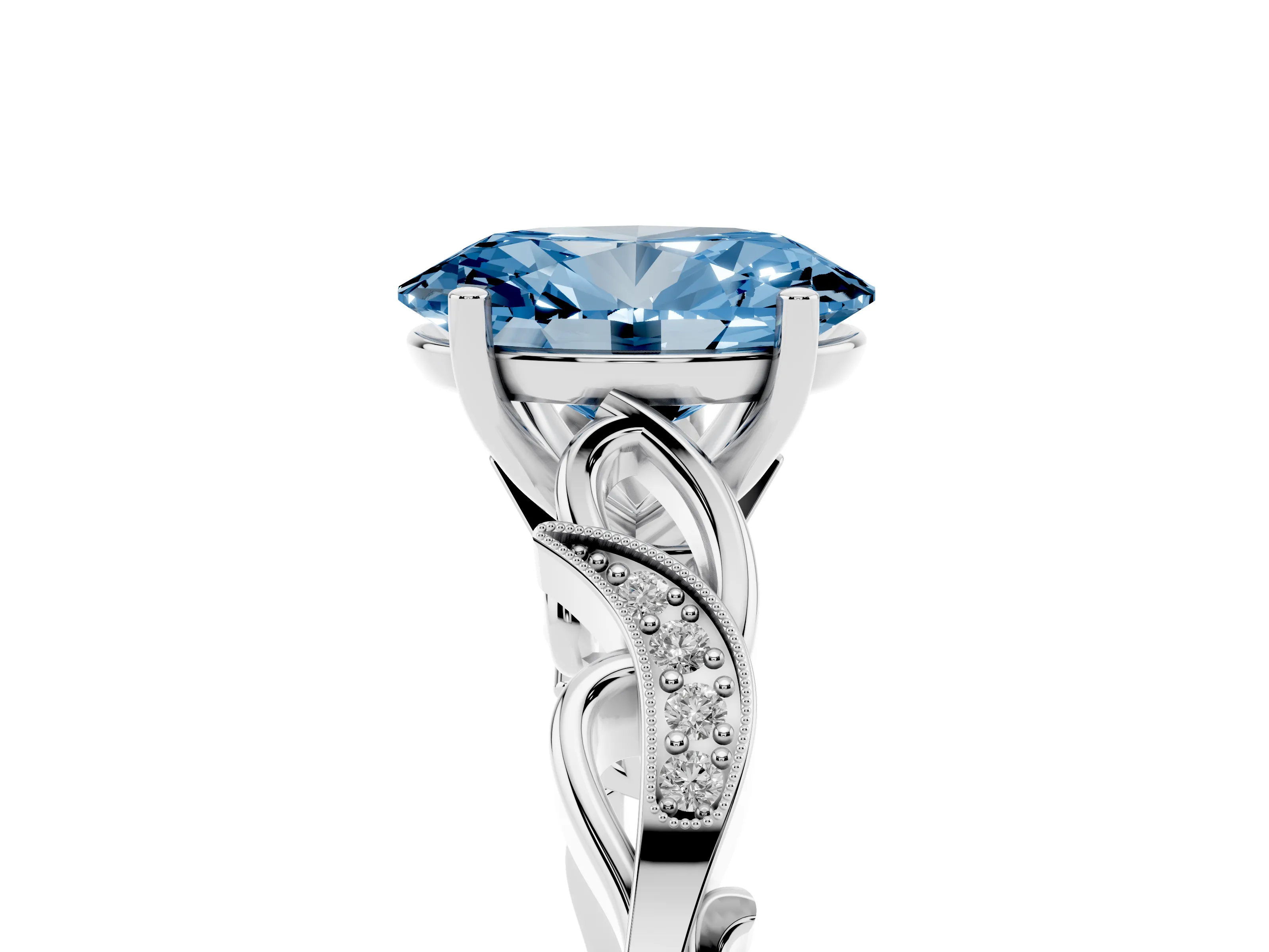 Fancy Blue Oval Cut Diamond Vine Band Solitaire Ring Set in Silver with Milgrain Prong Setting