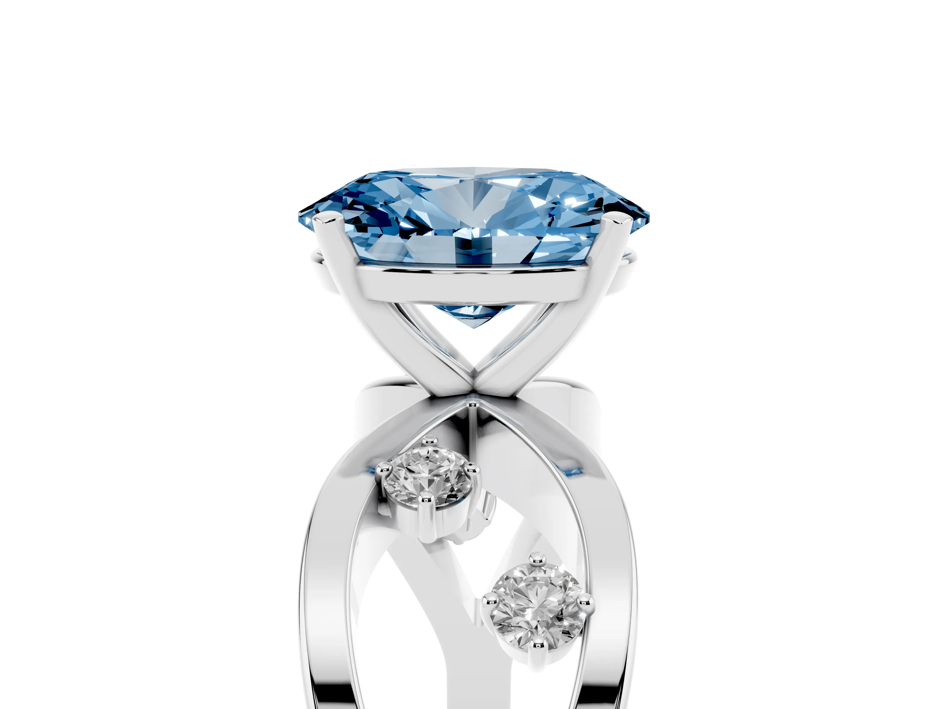 Fancy Blue Oval Cut Diamond Solitaire Ring Set in White gold with Side Stones on Criss-Cross Band and Prong Setting