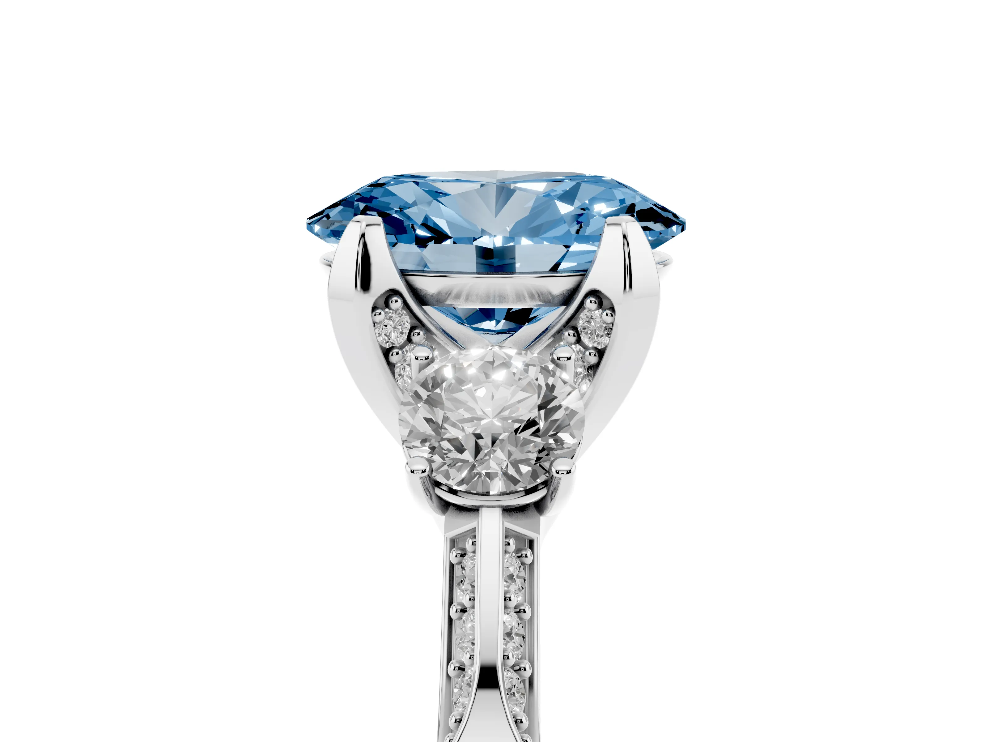 Fancy Blue Oval Cut Diamond Three-Stone Ring Set in White gold with Pavé Band and Smaller Side Stones