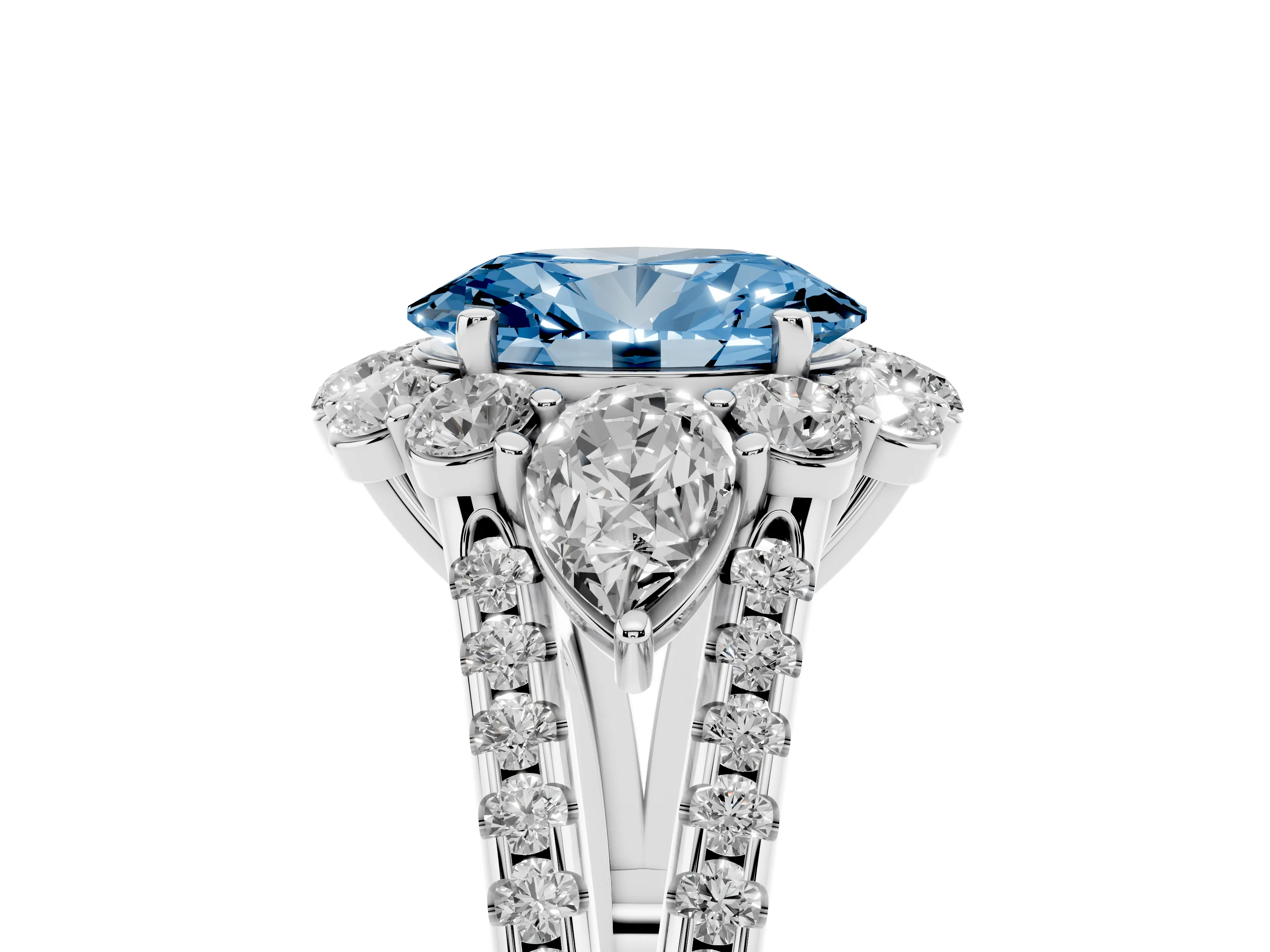 Fancy Blue Oval Cut Diamond Halo Split Shank Engagement Ring Set in Silver with Prong-Held Center Stone
