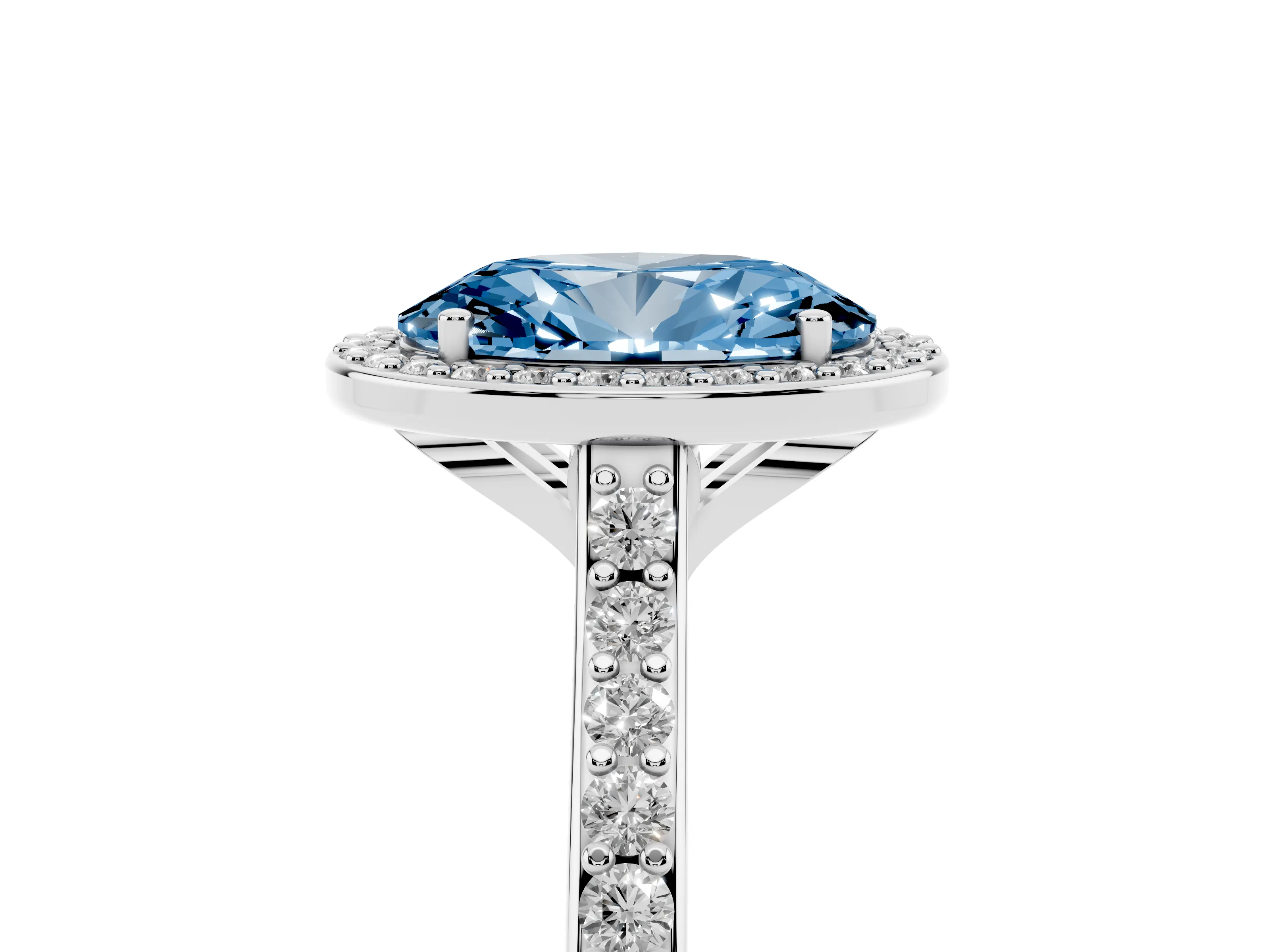 Fancy Blue Oval Cut Diamond Halo Engagement Ring Set in White gold with Round Pavé Shoulders and Heart Gallery
