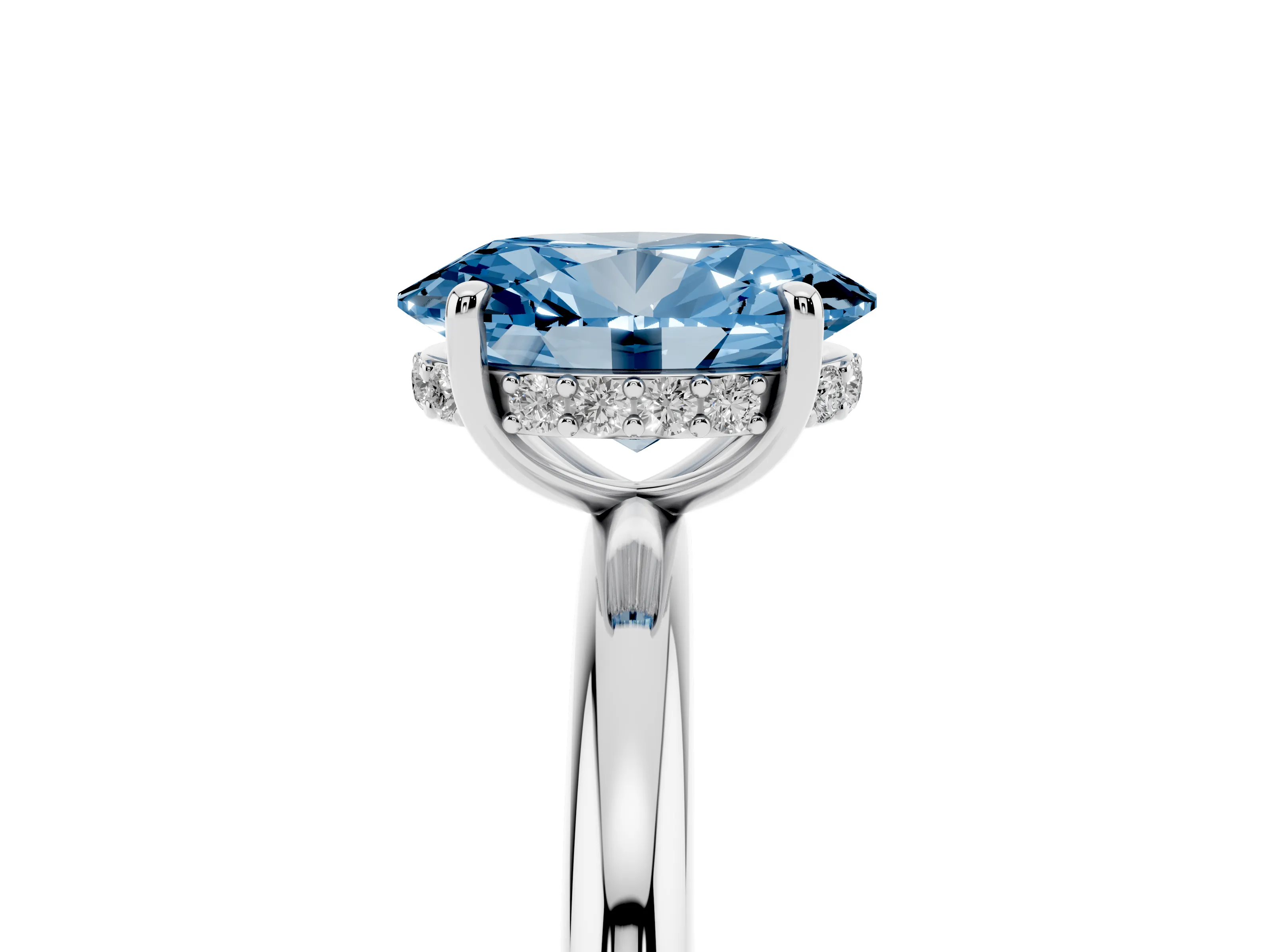 Fancy Blue Oval Cut Diamond Solitaire Ring Set in White gold with Thin Band and Prong Setting